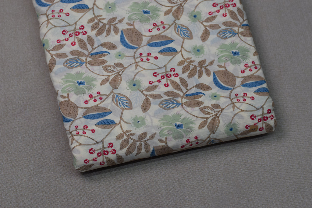 Soft Cotton Floral Print Dress Material Set – Cream & Brown | Top 2.5m + Bottom 2m | 44" Width