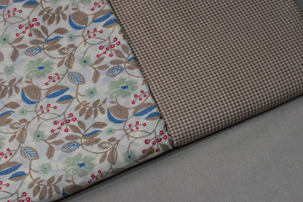 Soft Cotton Floral Print Dress Material Set – Cream & Brown | Top 2.5m + Bottom 2m | 44" Width