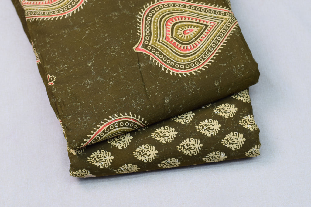 Olive Green Soft Cotton Printed Dress Material Set for Women | Top & Bottom Fabric (4.5 Meters)