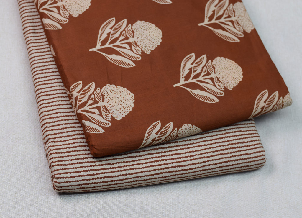 Soft Cotton Floral Print Dress Material Set – Rust Brown & Cream | Top & Bottom Fabric
