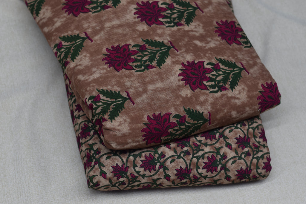 Soft Cotton Floral Dress Material Set – Beige & Magenta | Top & Bottom Fabric