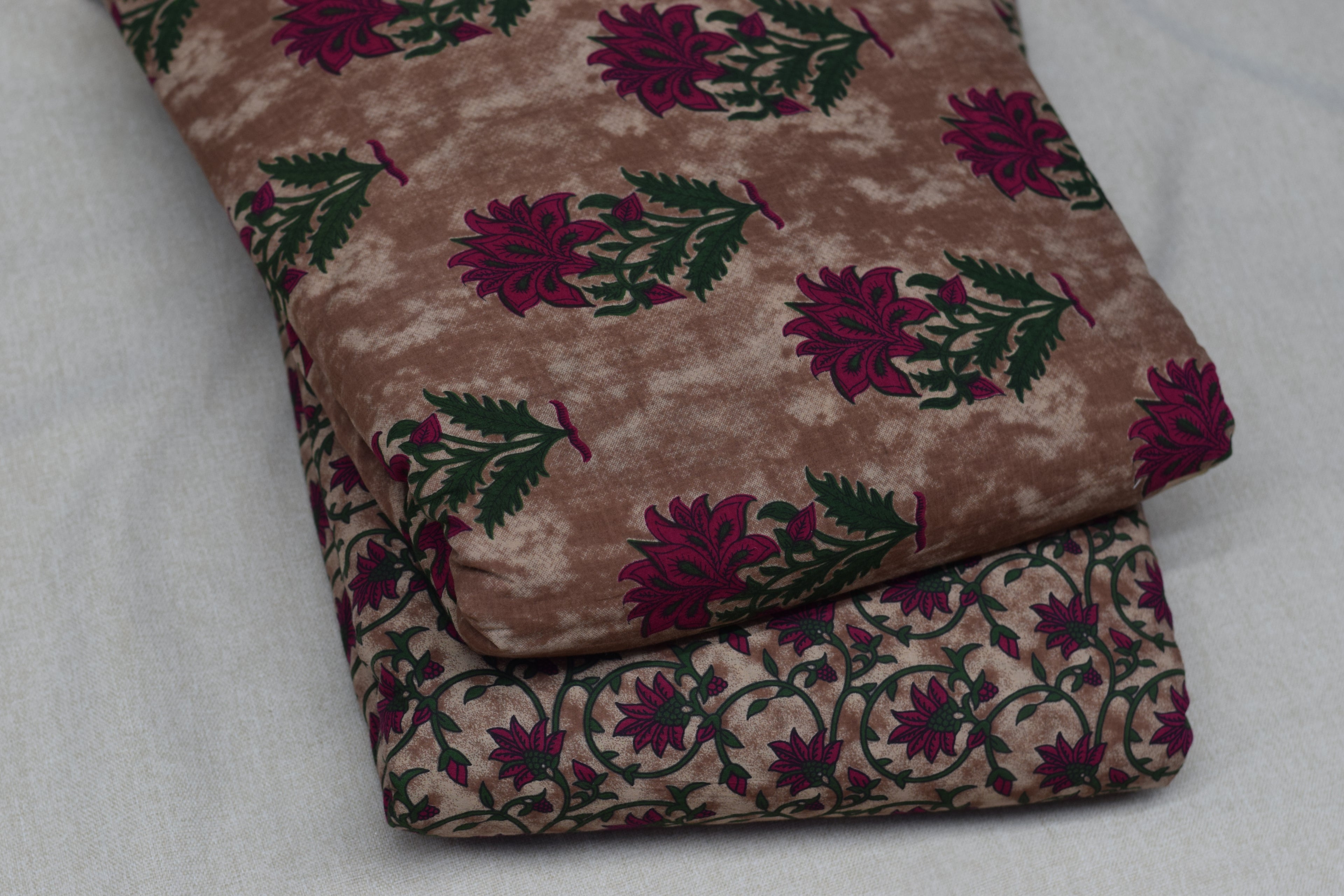 Soft Cotton Floral Dress Material Set – Beige & Magenta | Top & Bottom Fabric