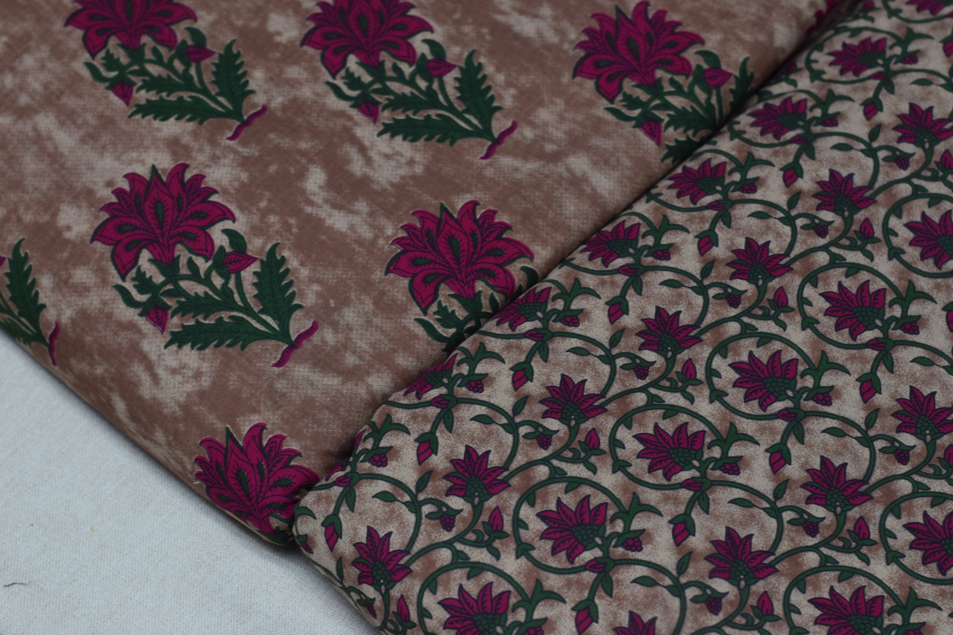 Soft Cotton Floral Dress Material Set – Beige & Magenta | Top & Bottom Fabric