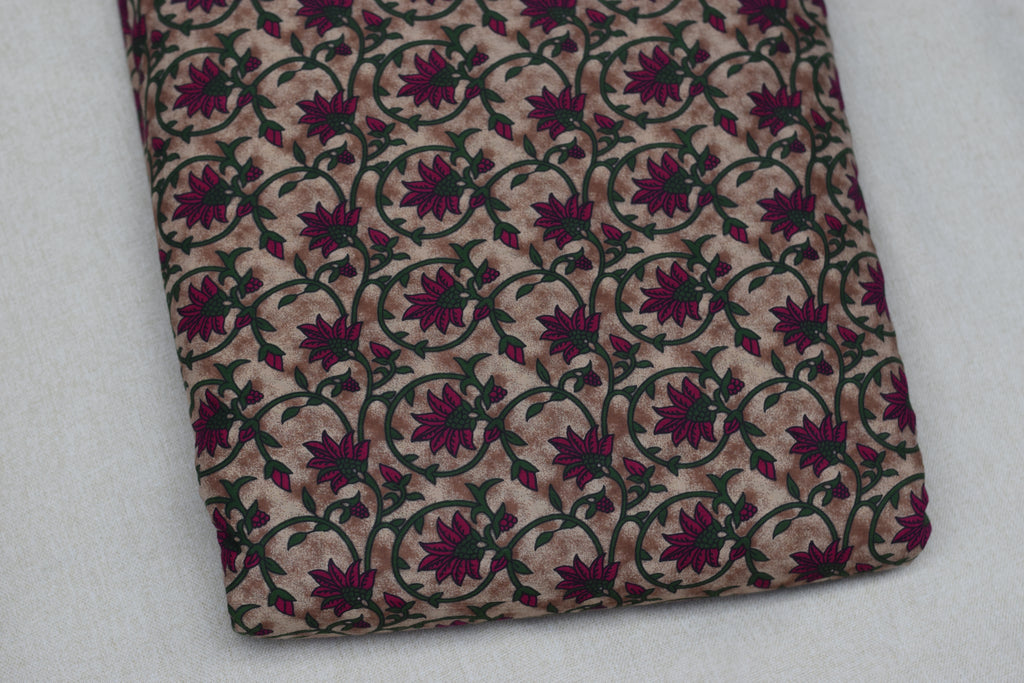 Soft Cotton Floral Dress Material Set – Beige & Magenta | Top & Bottom Fabric