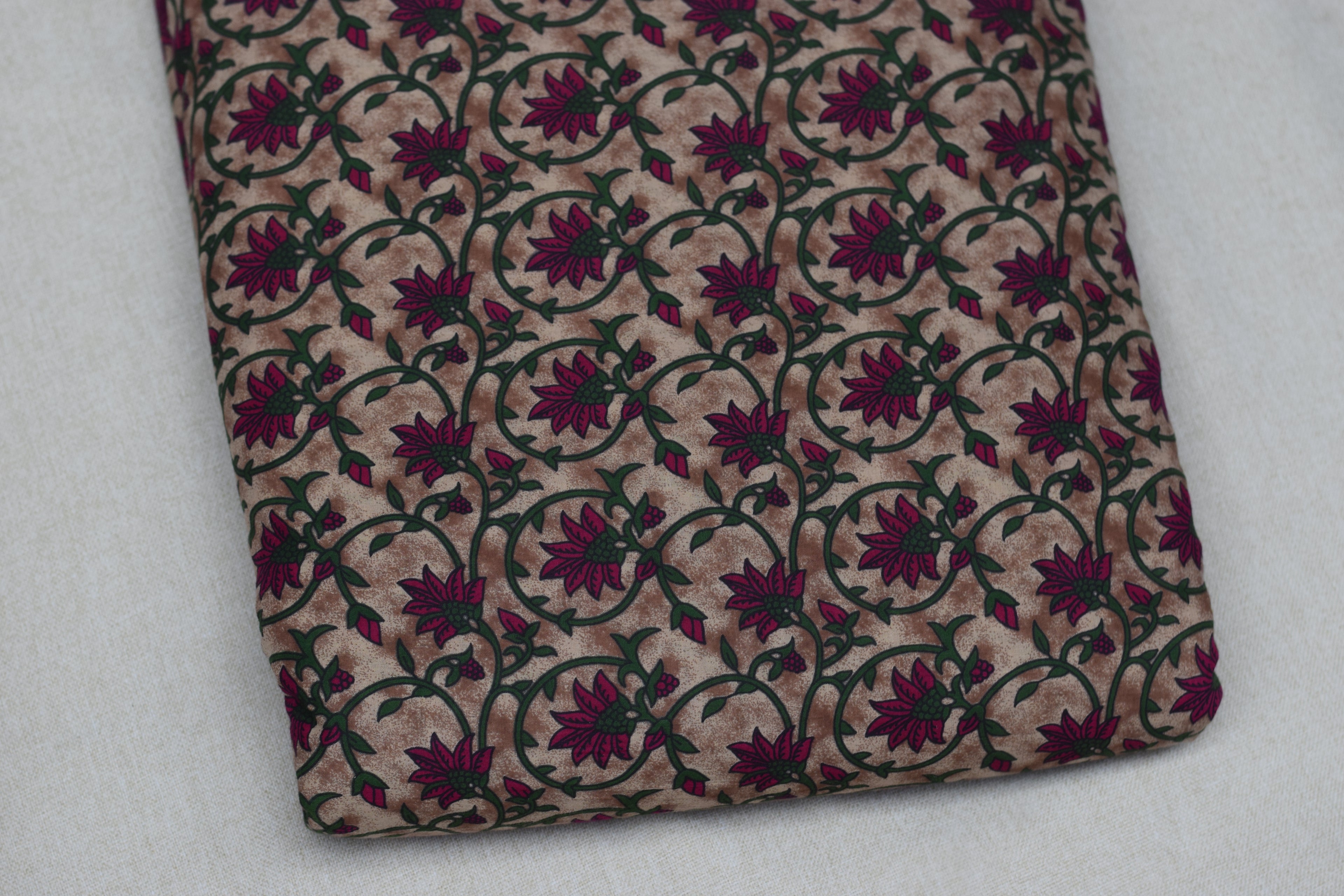 Soft Cotton Floral Dress Material Set – Beige & Magenta | Top & Bottom Fabric