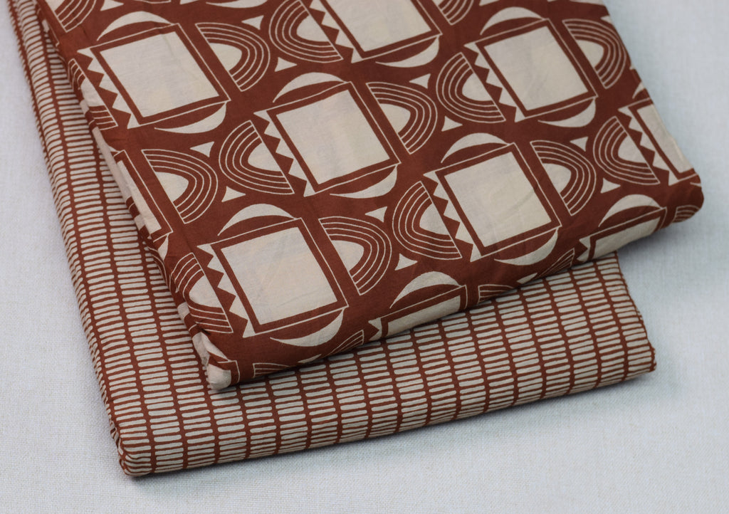 Rust Brown Geometric Print Soft Cotton Dress Material Set (Top & Bottom)