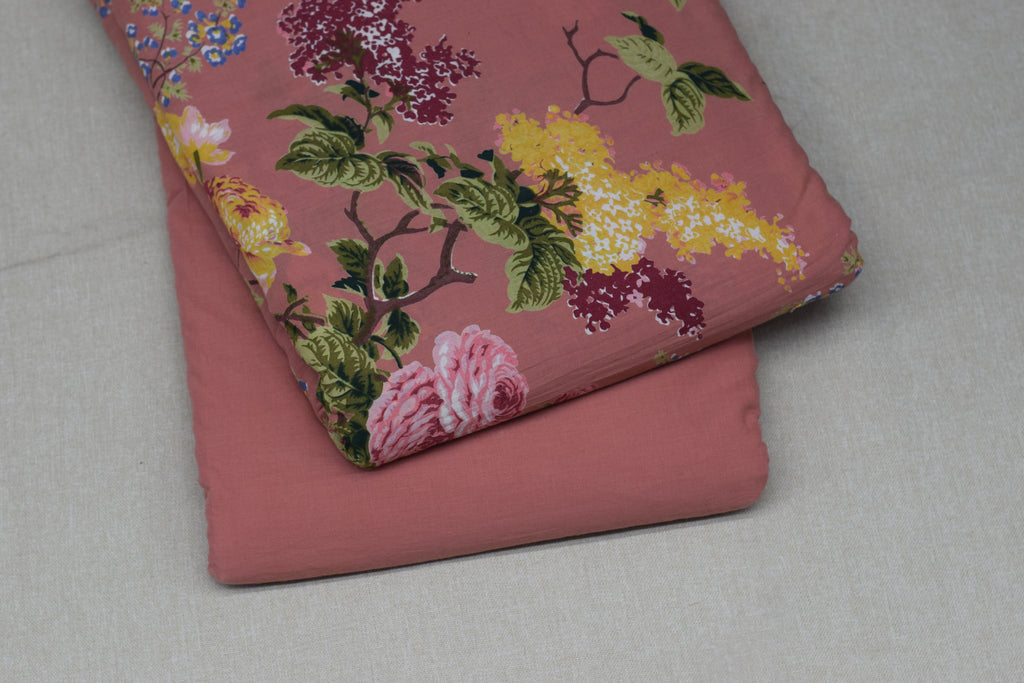 Soft Cotton Floral Print Dress Material Set – Dusty Rose | Top & Bottom Fabric