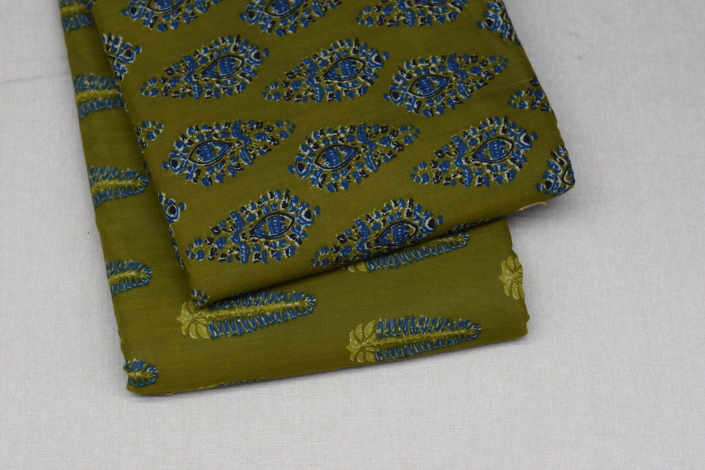 Olive Green Soft Cotton Printed Dress Material Set – Top & Bottom | 44" Width