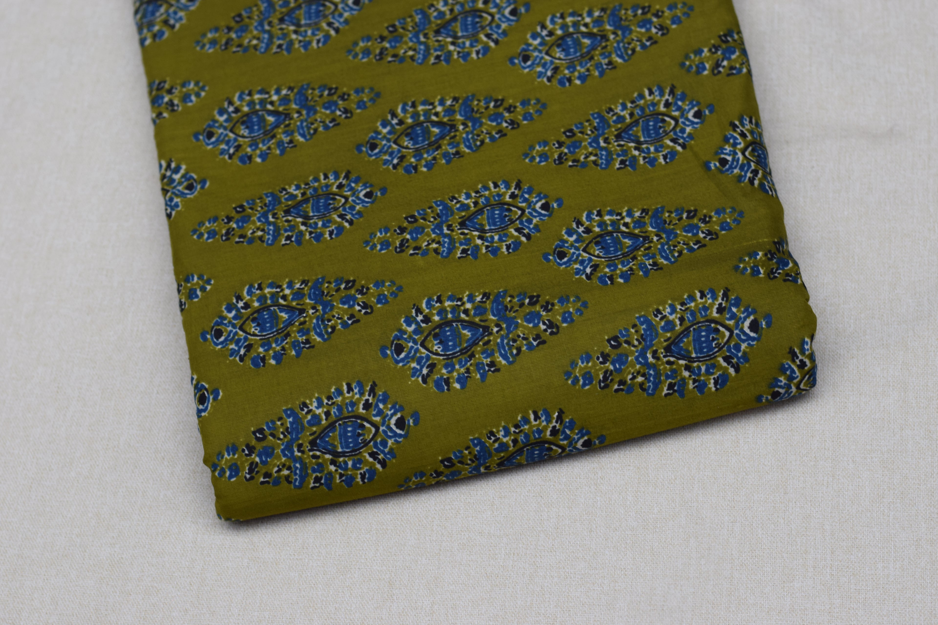 Olive Green Soft Cotton Printed Dress Material Set – Top & Bottom | 44" Width