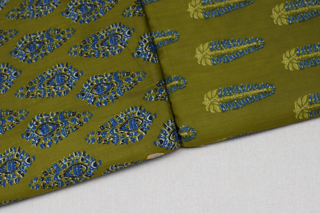 Olive Green Soft Cotton Printed Dress Material Set – Top & Bottom | 44" Width