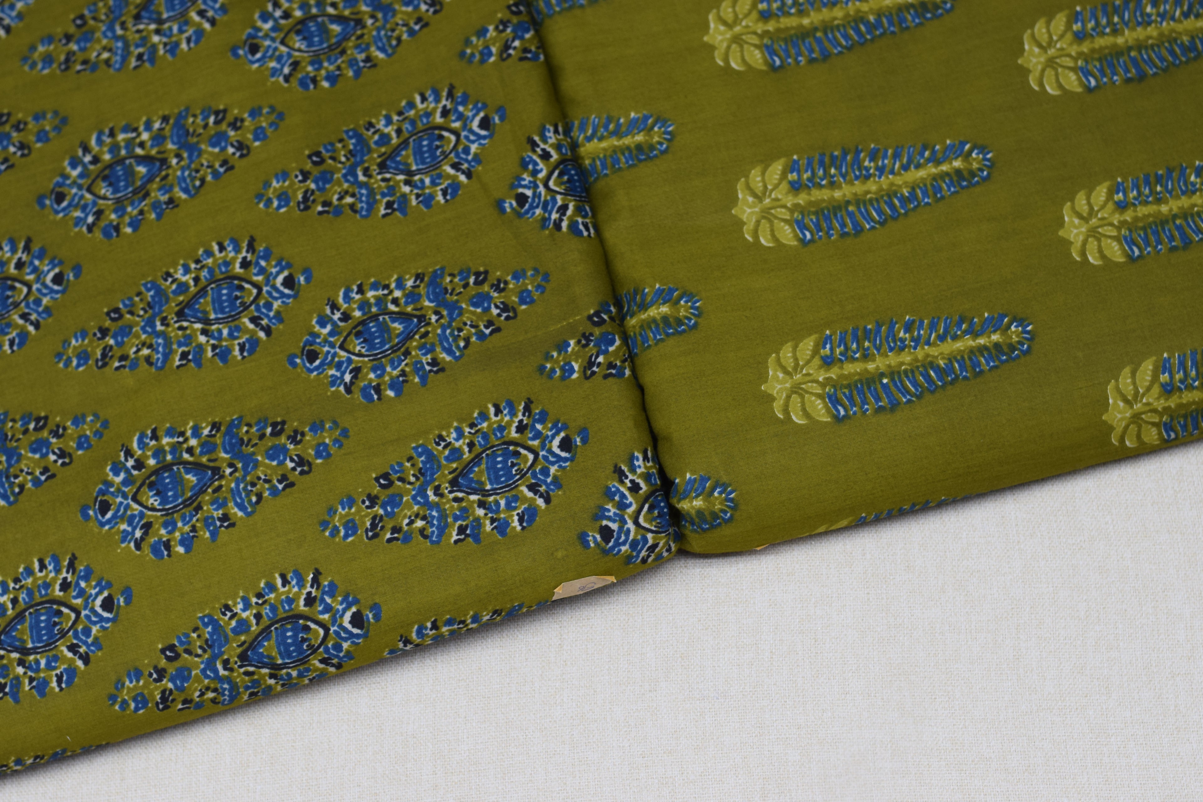 Olive Green Soft Cotton Printed Dress Material Set – Top & Bottom | 44" Width