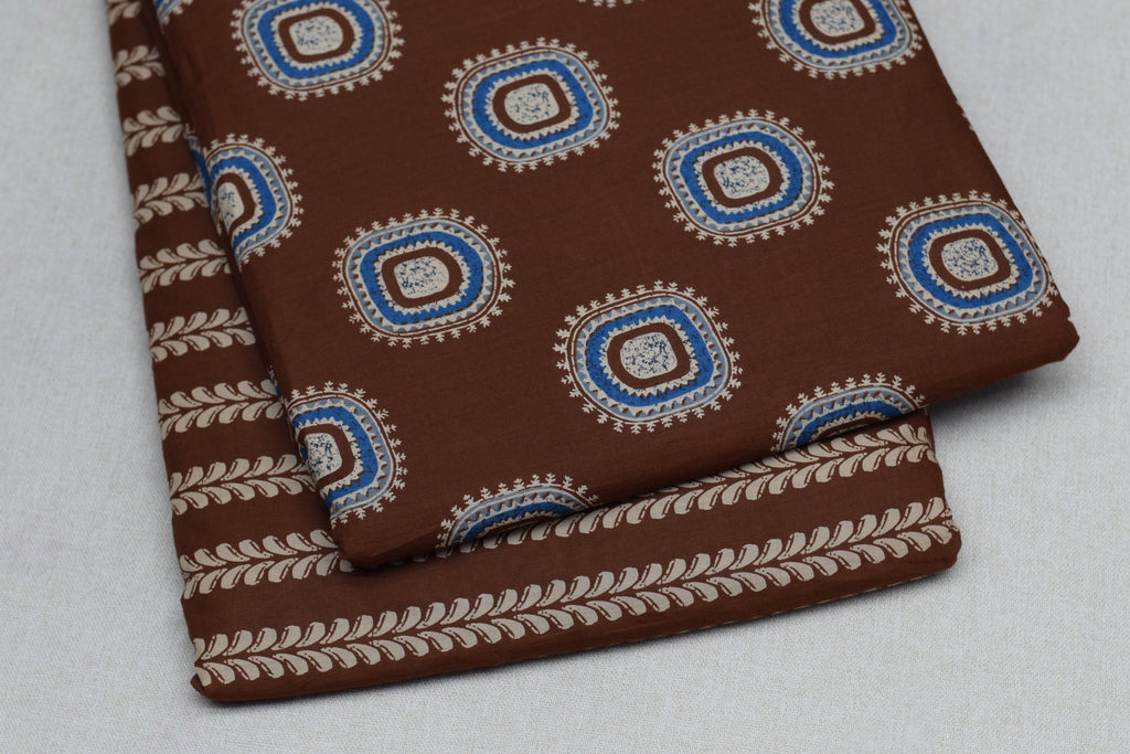 Soft Cotton Brown Geometric Print Dress Material Set – Top & Bottom Unstitched Fabric