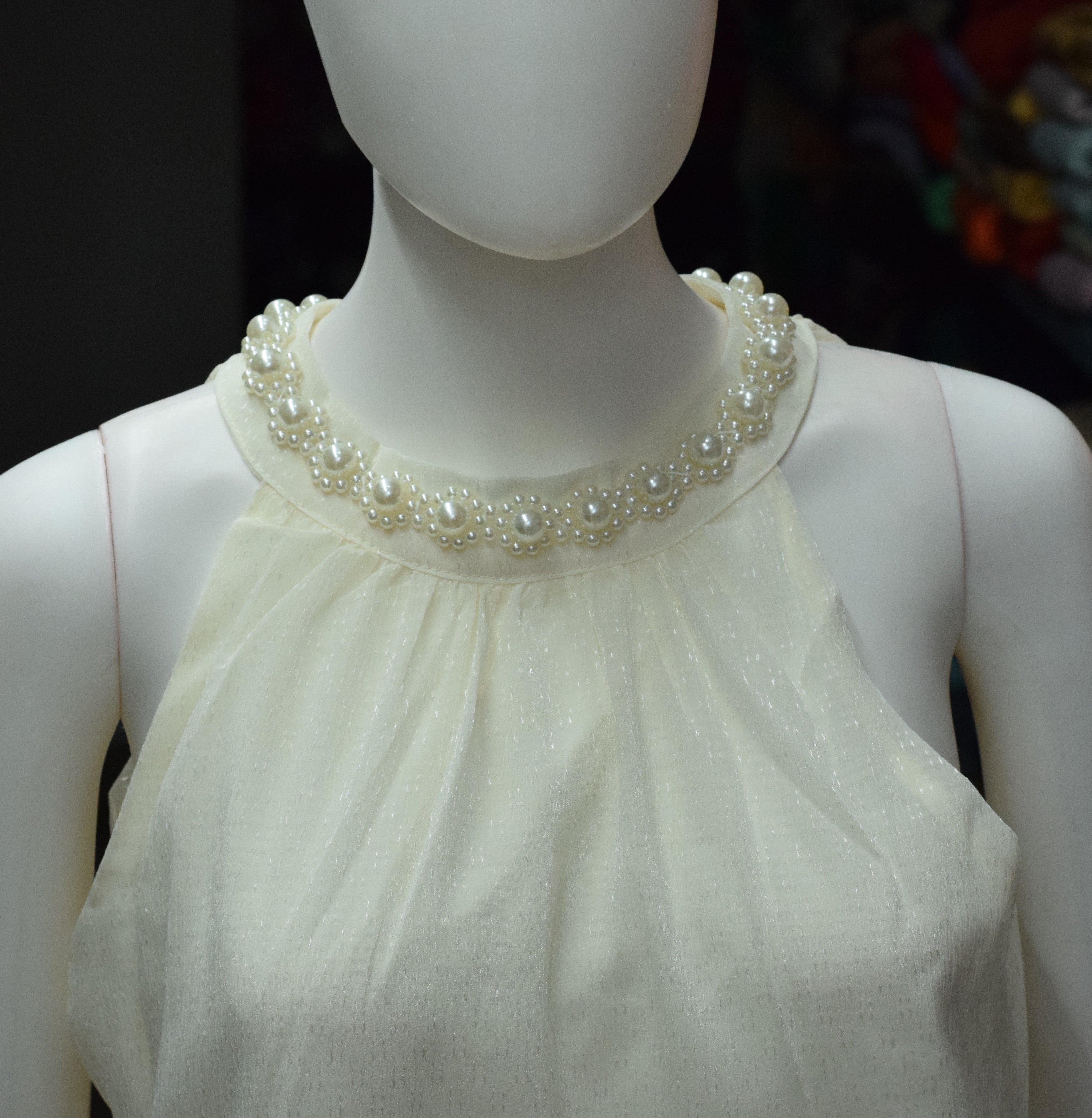 Imported Pearl Neck Sleeveless Free Size Tiered Frock – Elegant Cream Midi Dress for Women