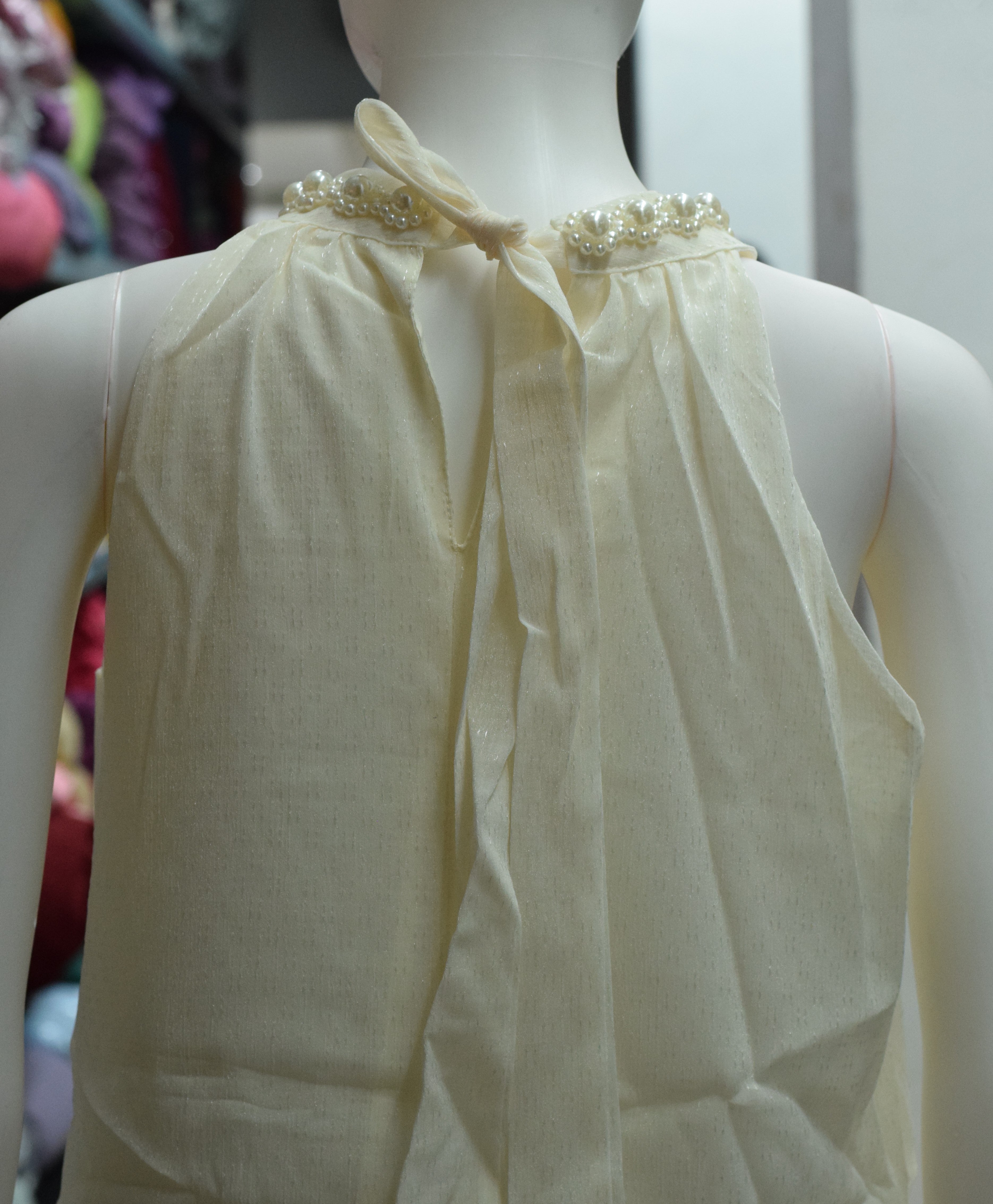 Imported Pearl Neck Sleeveless Free Size Tiered Frock – Elegant Cream Midi Dress for Women