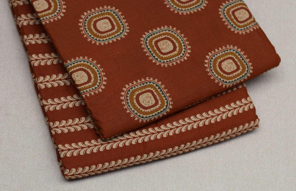 Rust Brown Geometric Print Soft Cotton Dress Material Set