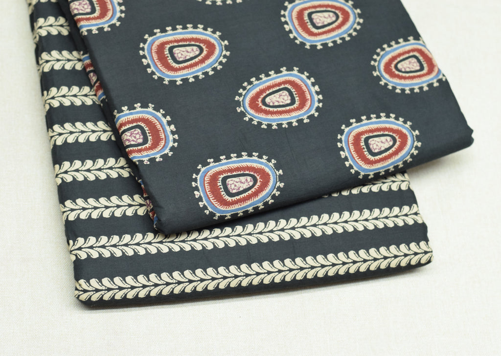 Soft Cotton Paisley Print Dress Material Set – Charcoal Grey Top & Bottom Fabric