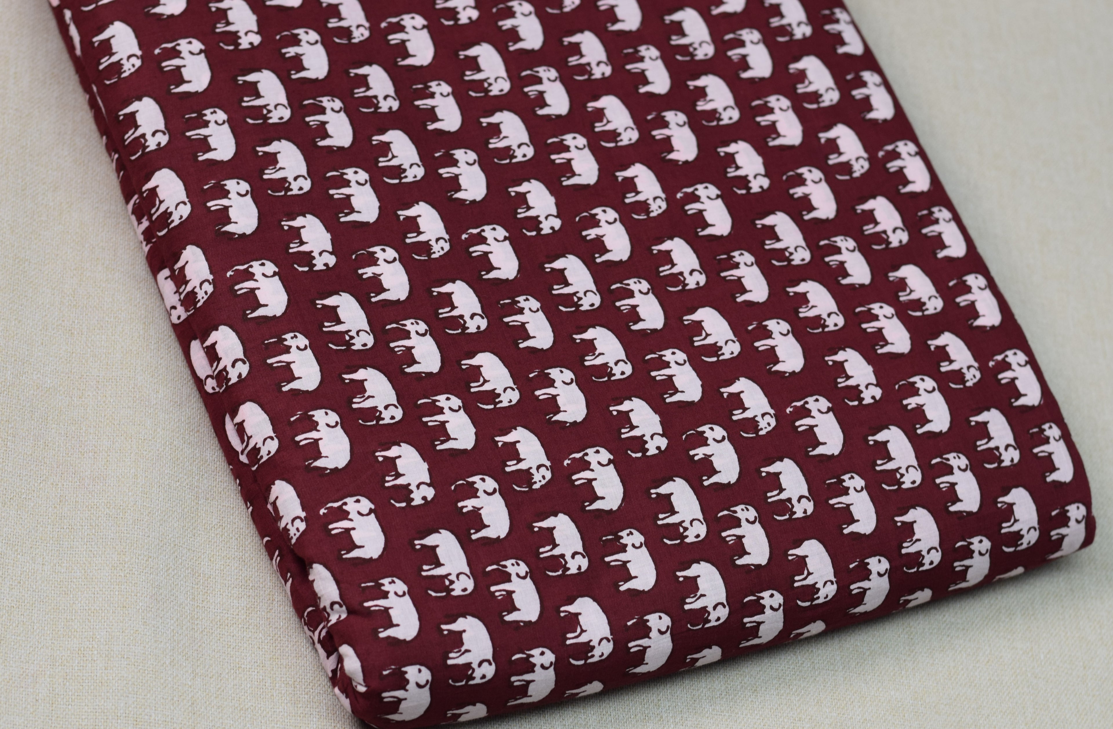 Maroon Elephant Print Soft Cotton Top Material – 44" Width | 2.5 Meter Fabric for Kurti & Tops