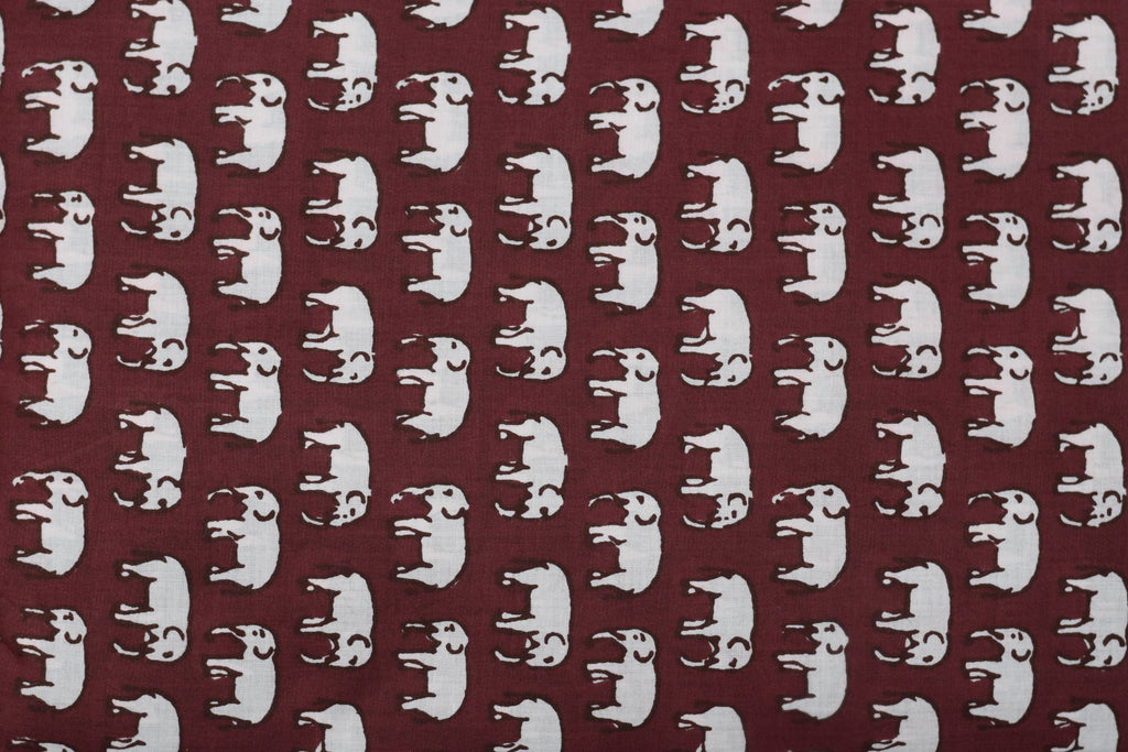 Maroon Elephant Print Soft Cotton Top Material – 44" Width | 2.5 Meter Fabric for Kurti & Tops