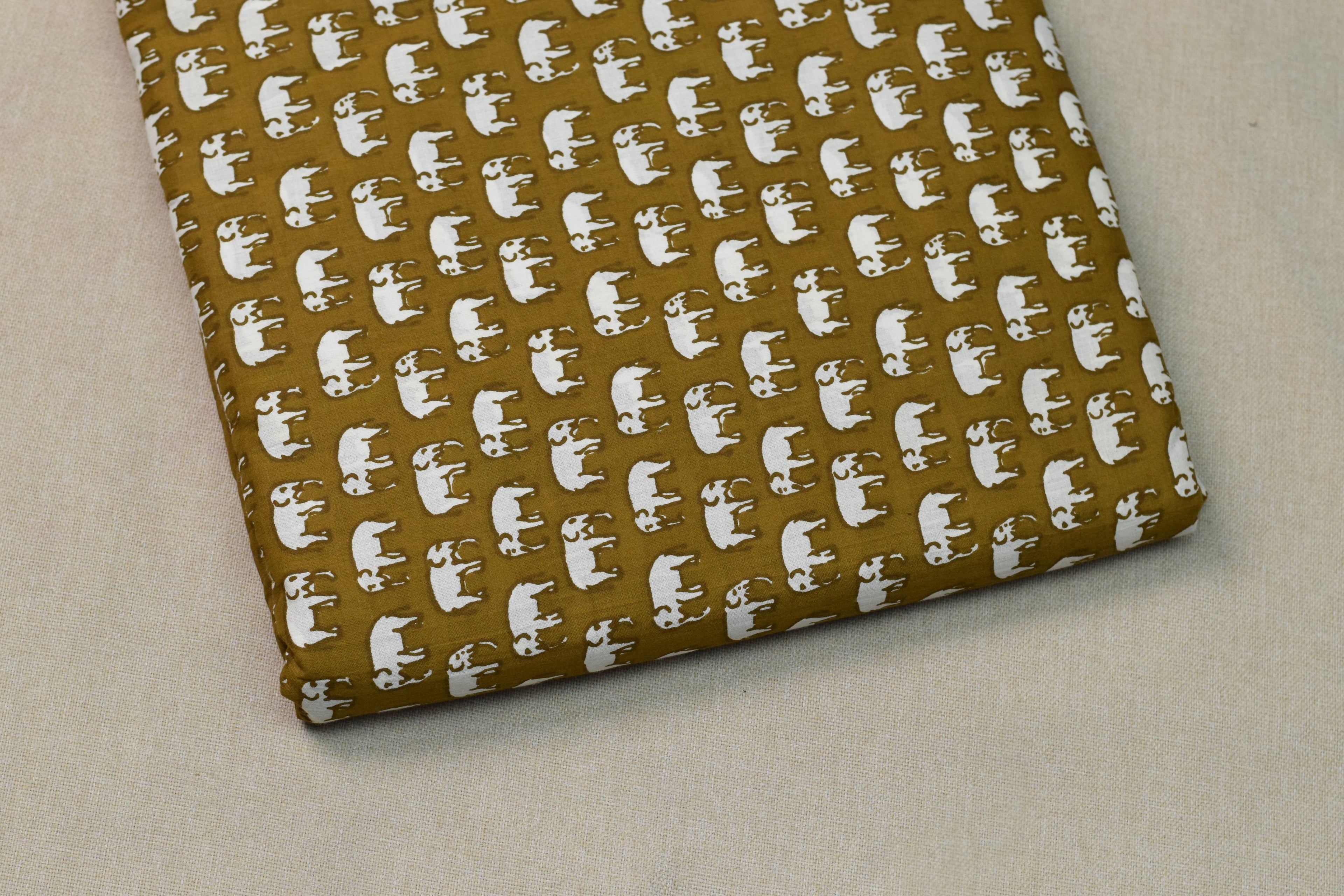 Soft Cotton Mustard Elephant Print Fabric – 44" Width | 2.50 Meter Top Material for Women