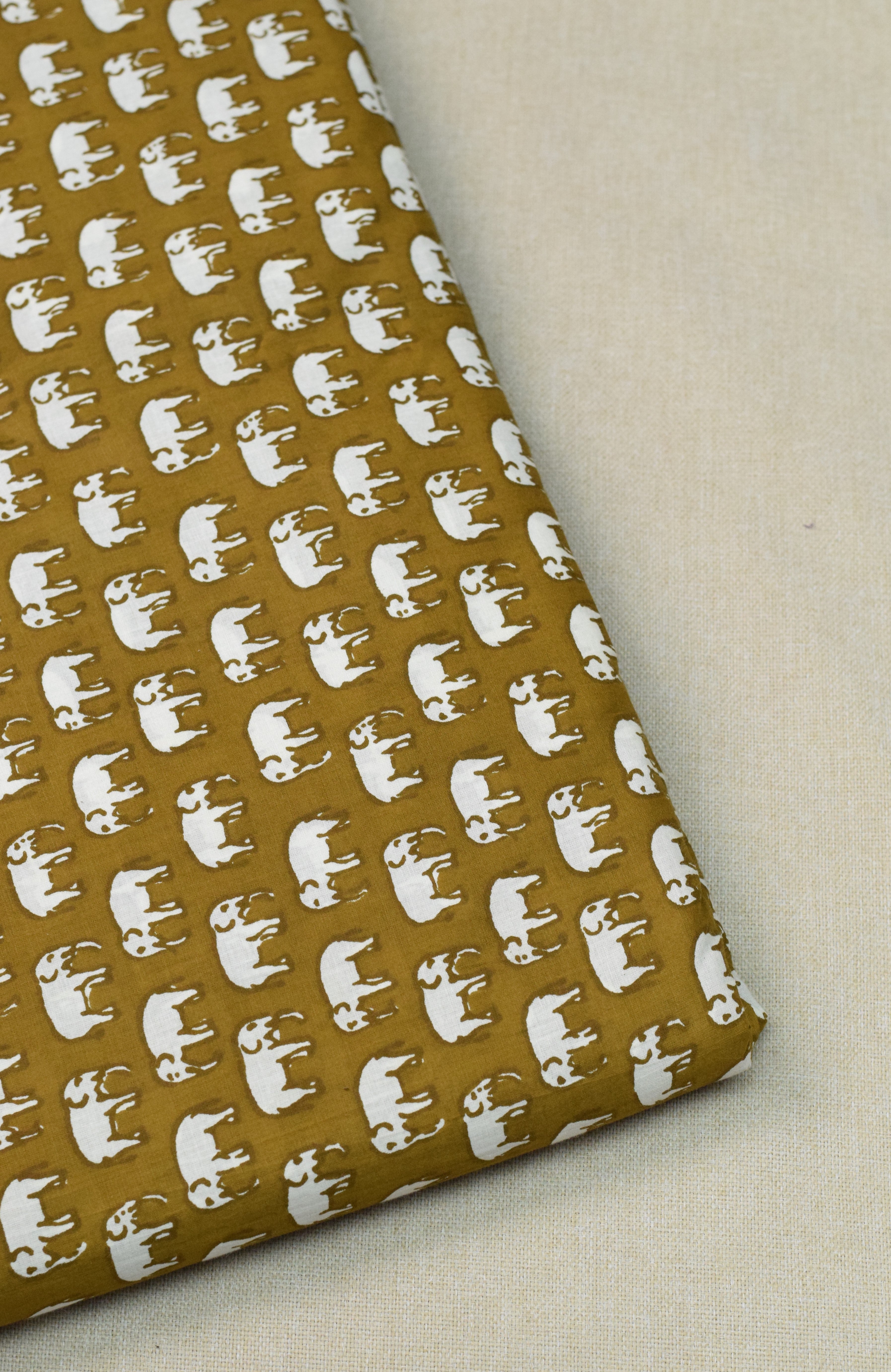 Soft Cotton Mustard Elephant Print Fabric – 44" Width | 2.50 Meter Top Material for Women