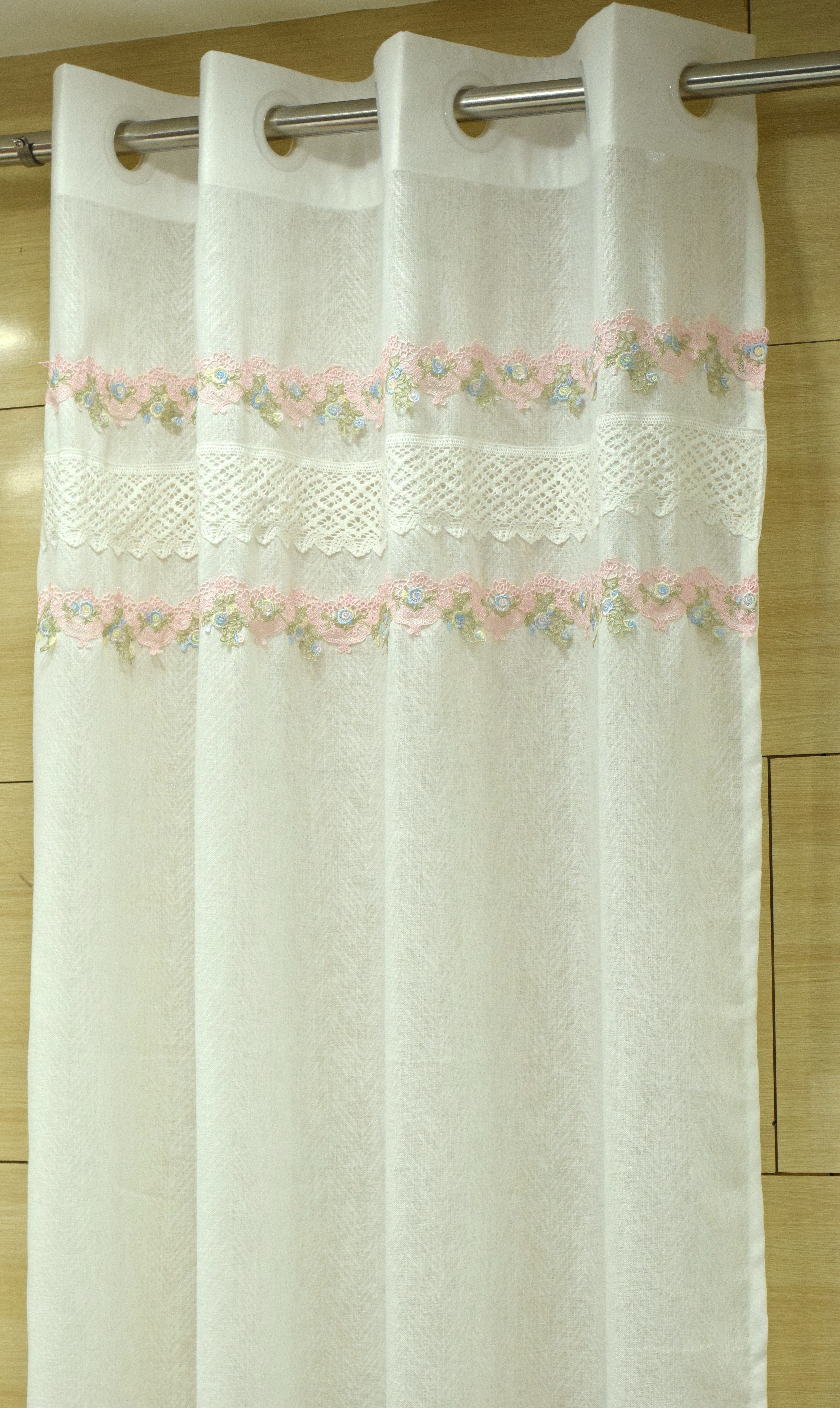 Elegant White Semi Linen Door Curtain with Floral Lace Embroidery – 4 x 7 Feet