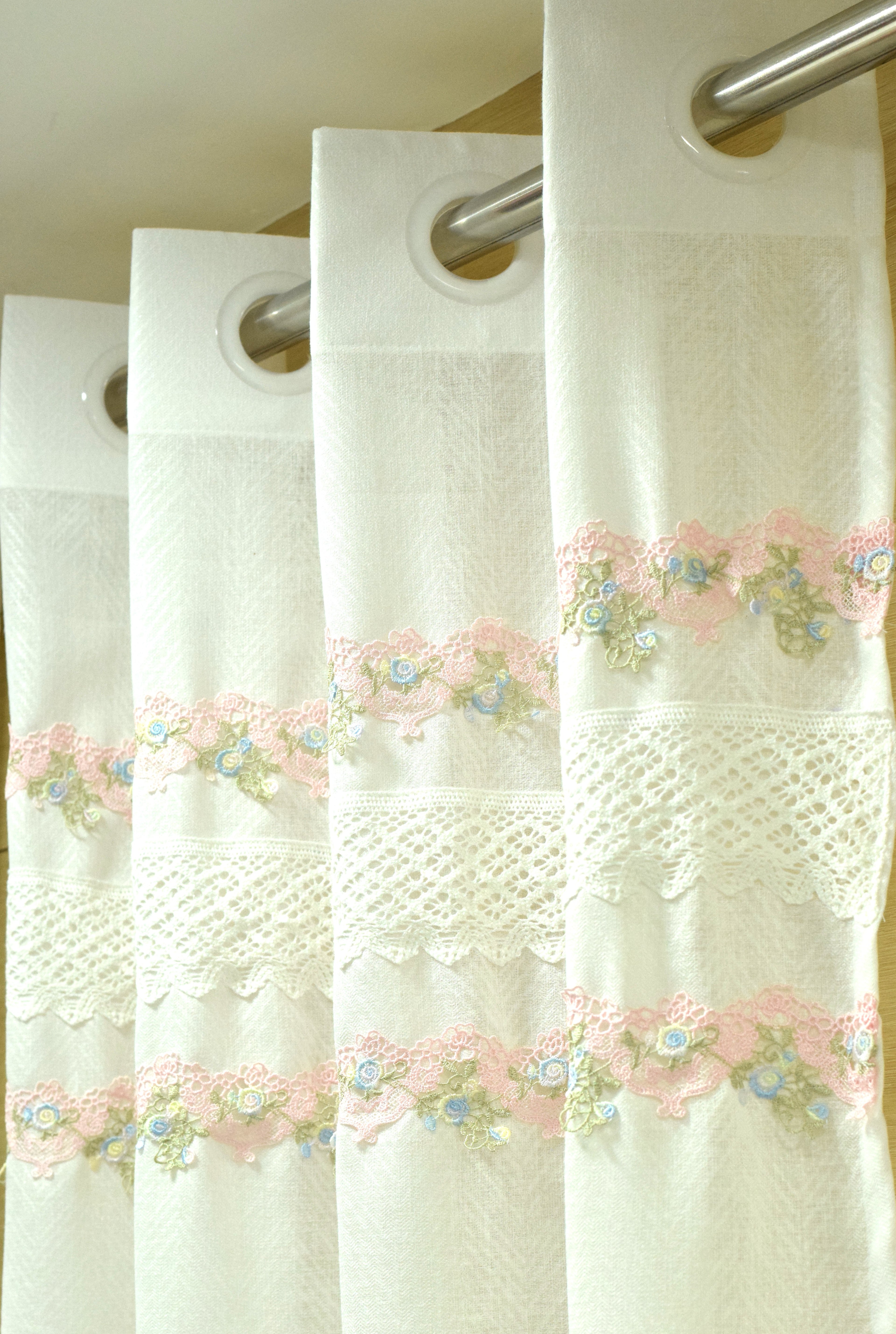 Elegant White Semi Linen Door Curtain with Floral Lace Embroidery – 4 x 7 Feet