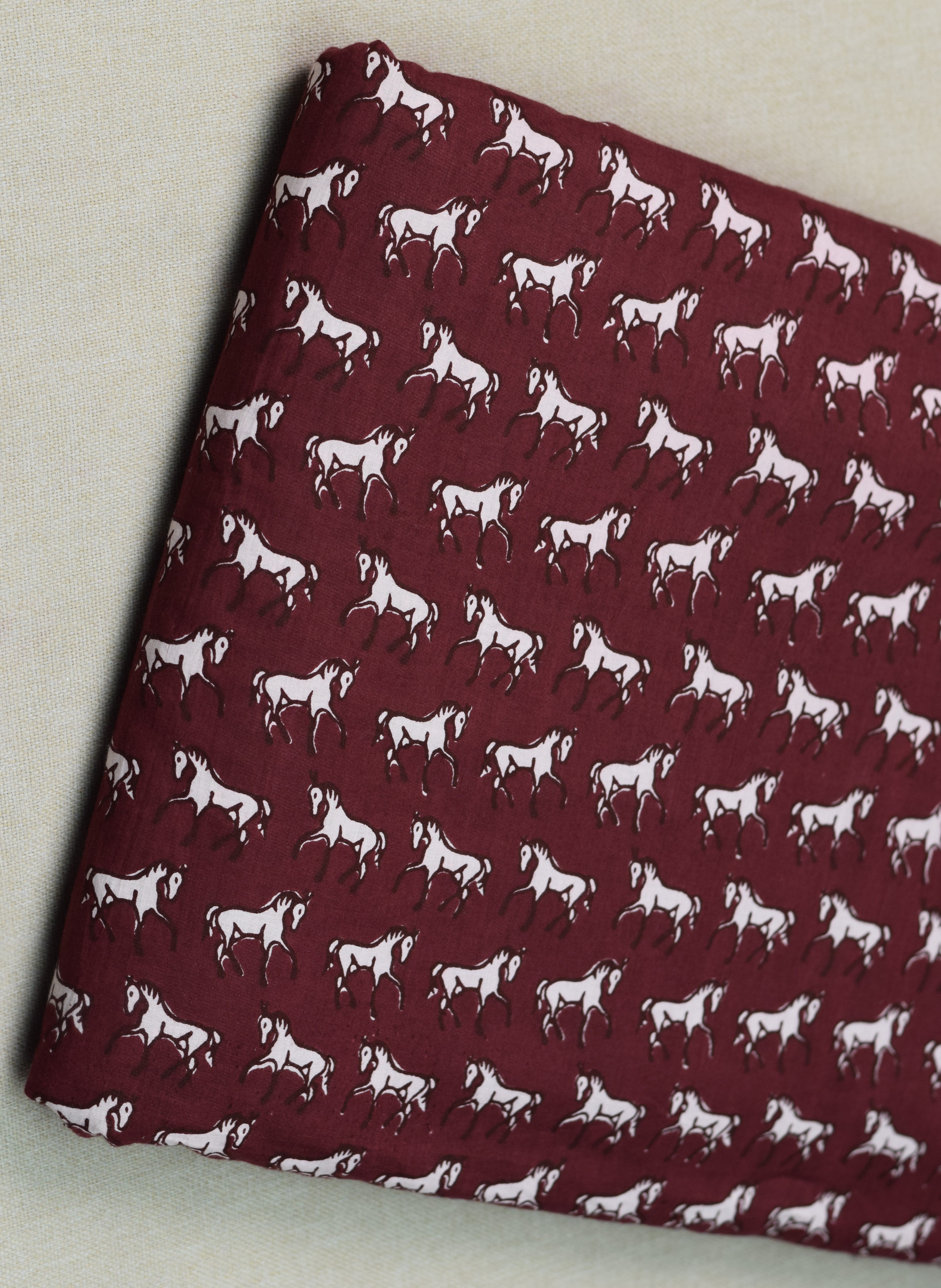 Maroon Horse Print Soft Cotton Top Material – 44" Width | 2.5 Meter Unstitched Fabric