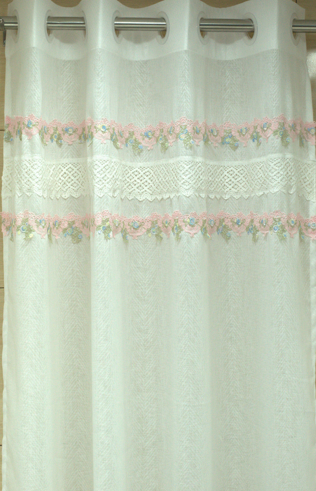 Elegant White Semi Linen Door Curtain with Floral Lace Embroidery – 4 x 7 Feet