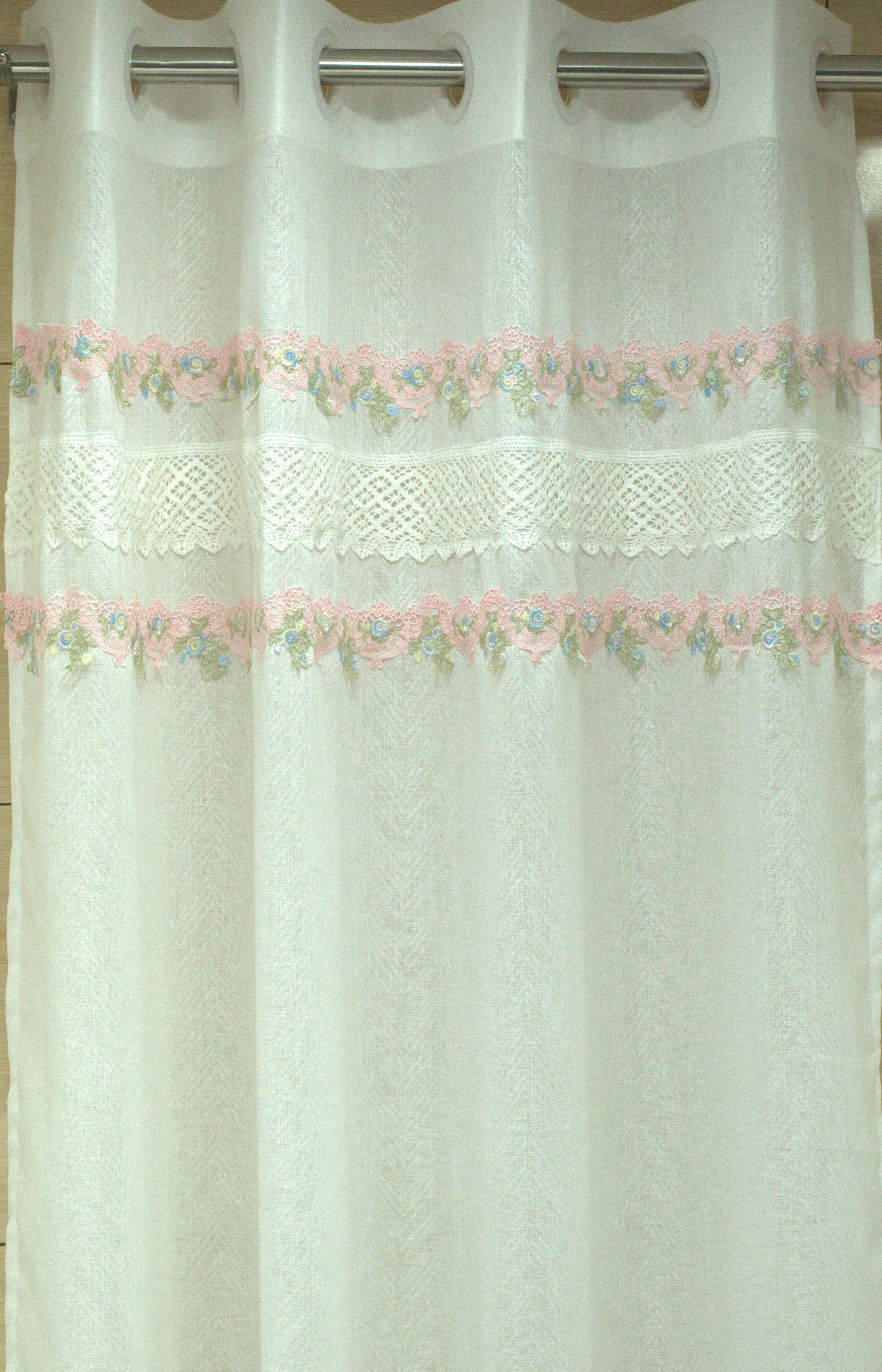 Elegant White Semi Linen Door Curtain with Floral Lace Embroidery – 4 x 7 Feet