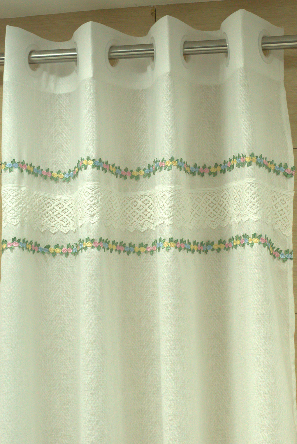 4x7 Semi Linen Door Curtain with Floral Embroidery & Lace Border – White