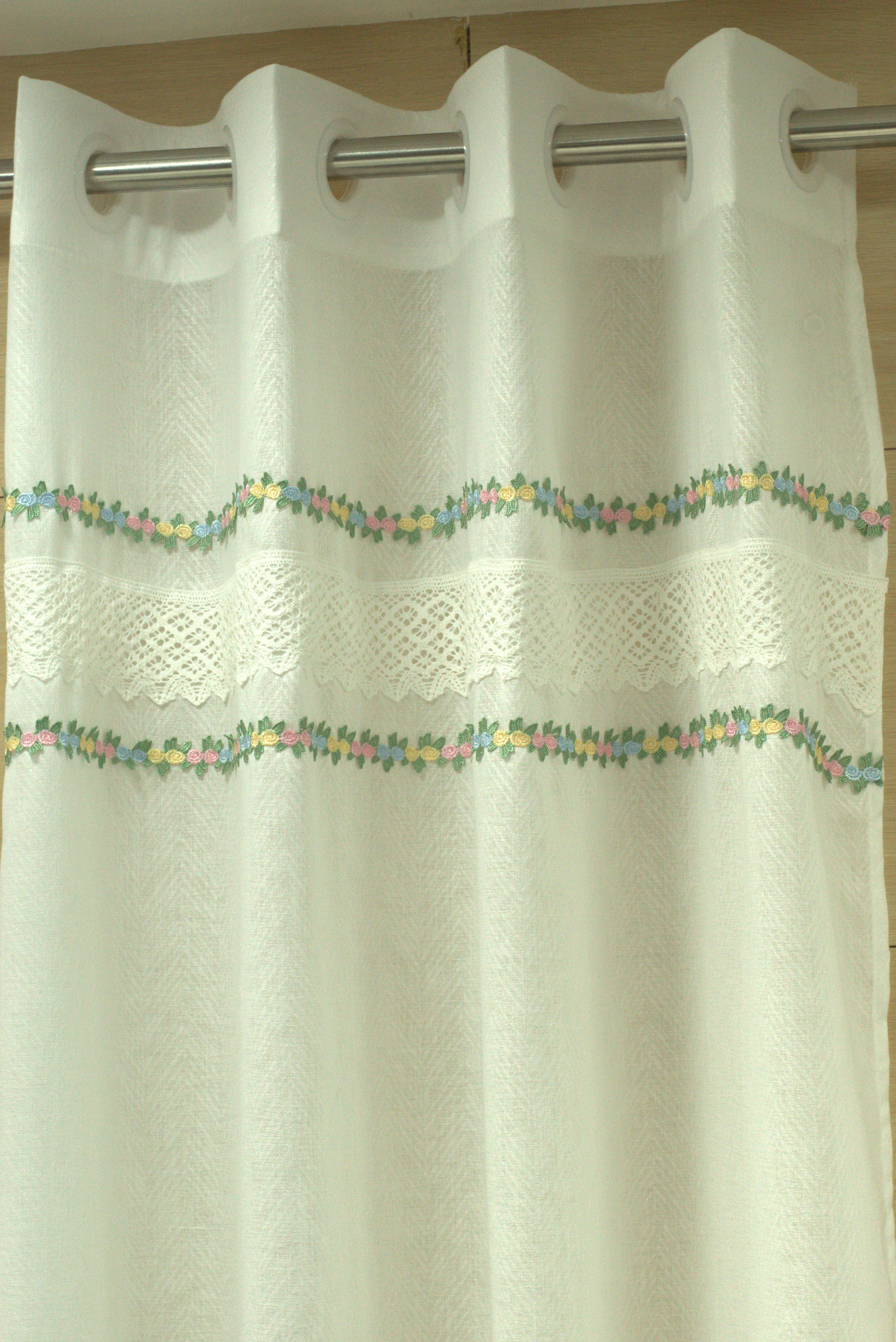 4x7 Semi Linen Door Curtain with Floral Embroidery & Lace Border – White