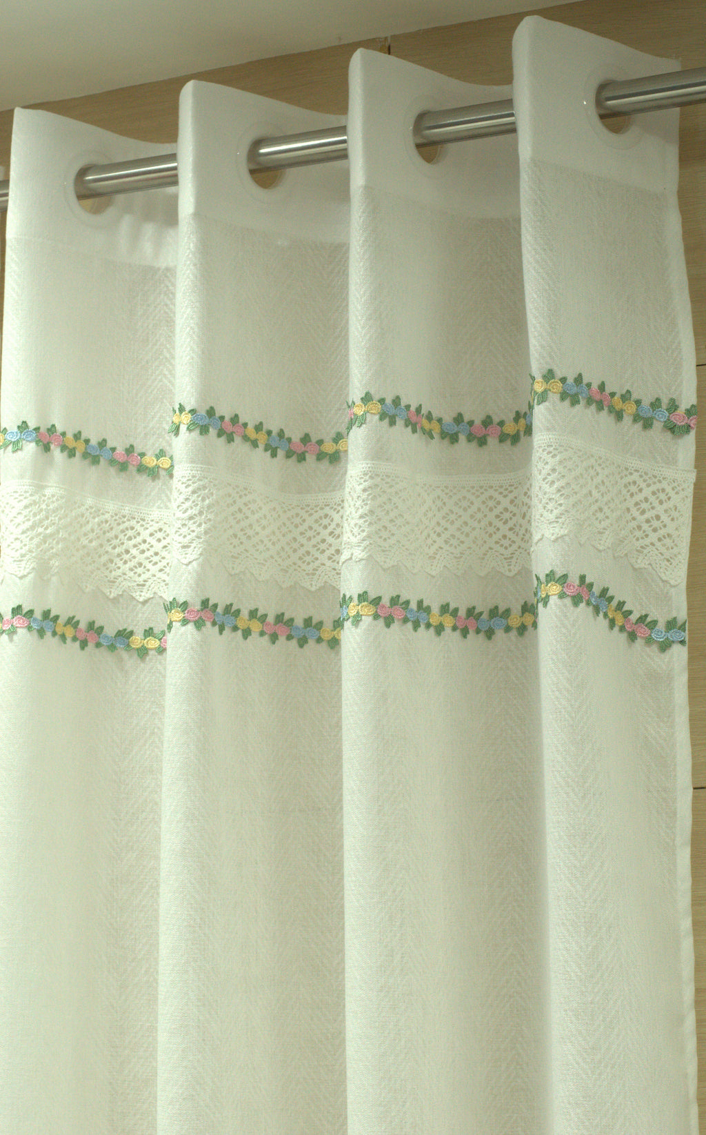 4x7 Semi Linen Door Curtain with Floral Embroidery & Lace Border – White