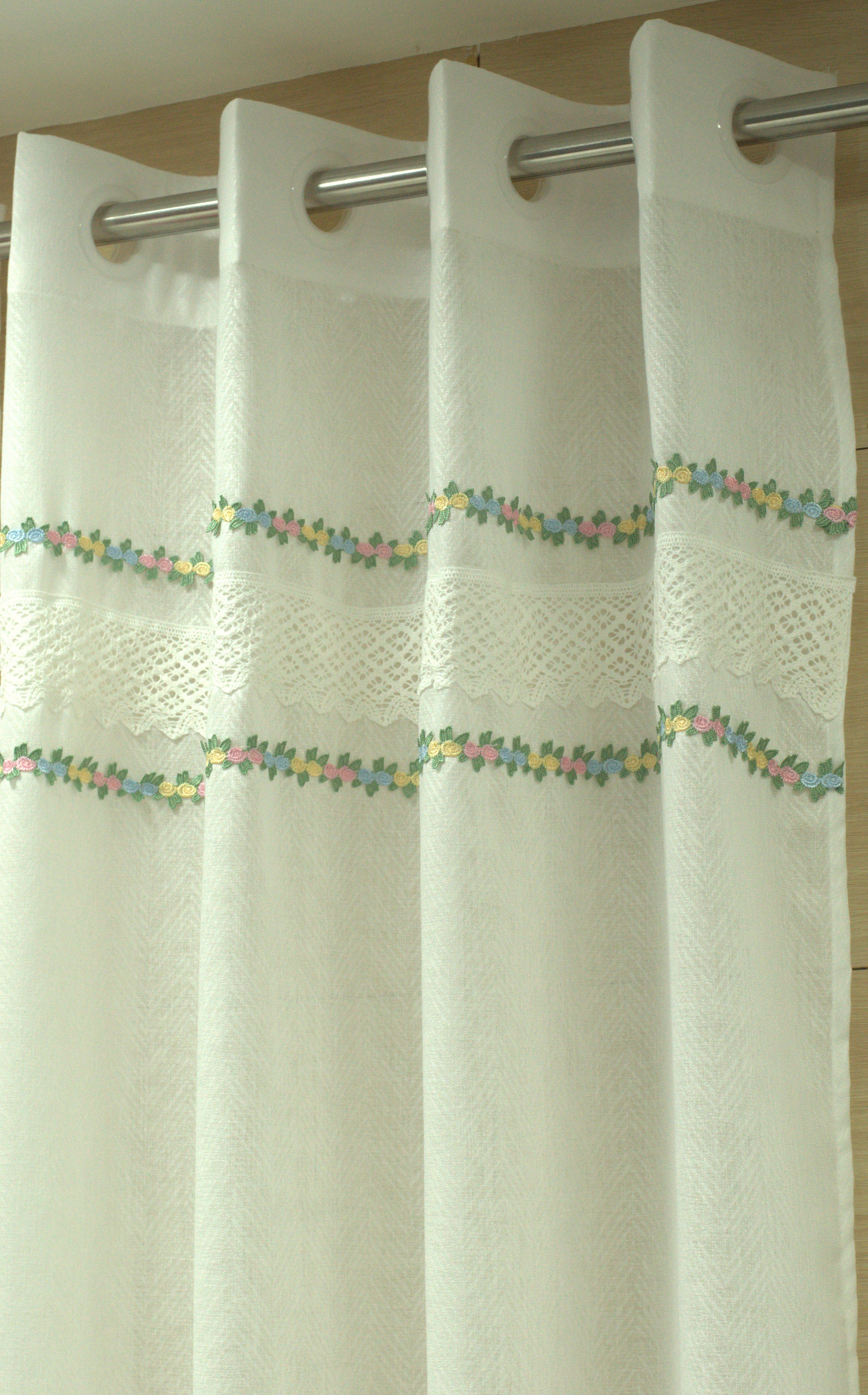 4x7 Semi Linen Door Curtain with Floral Embroidery & Lace Border – White