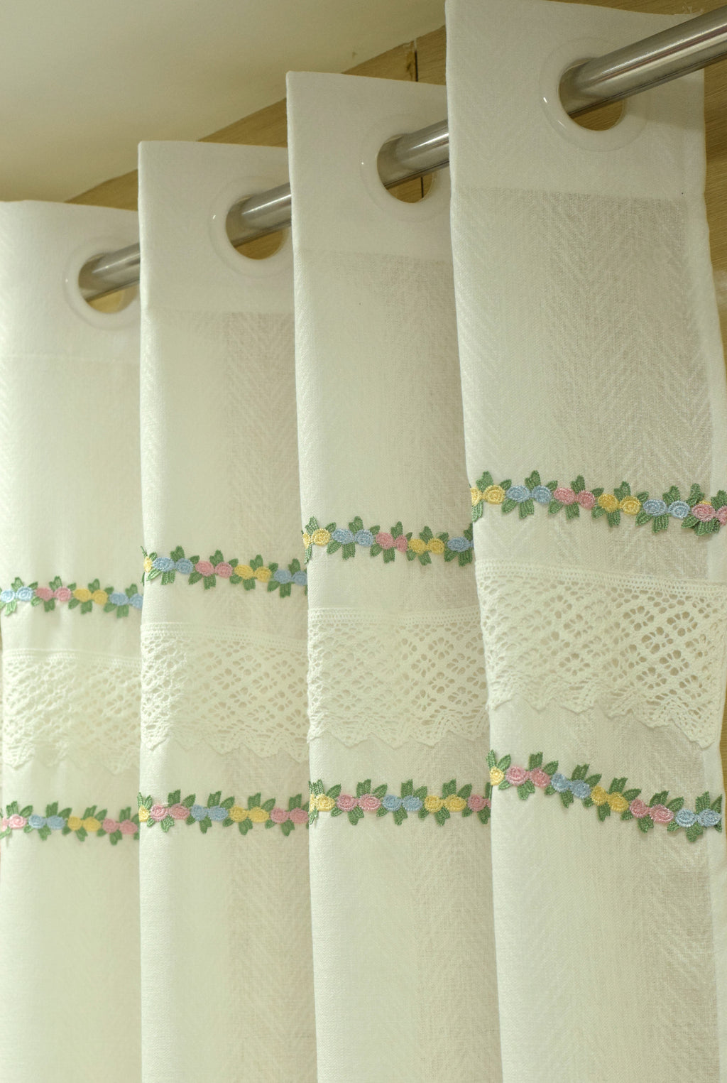 4x7 Semi Linen Door Curtain with Floral Embroidery & Lace Border – White