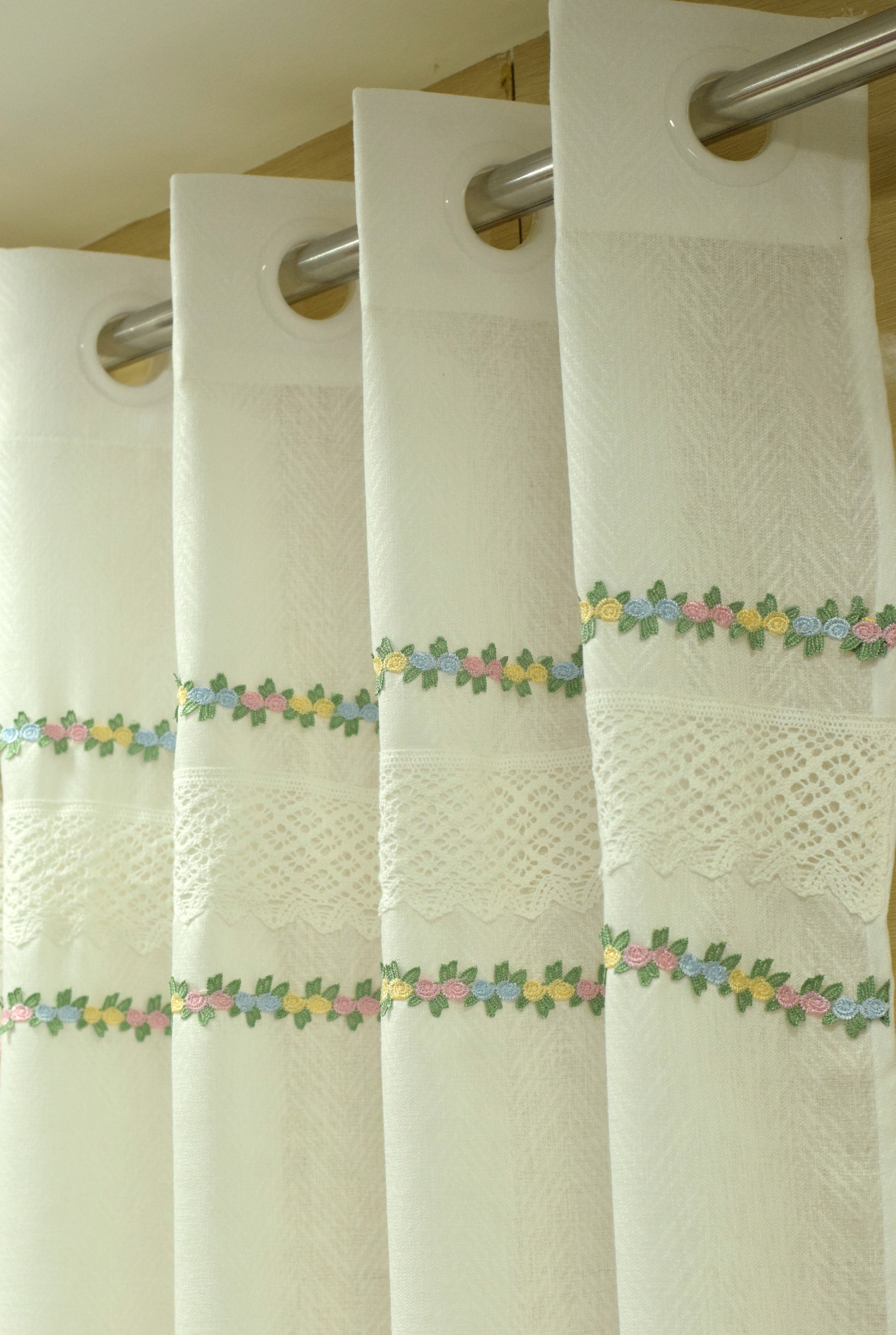 4x7 Semi Linen Door Curtain with Floral Embroidery & Lace Border – White