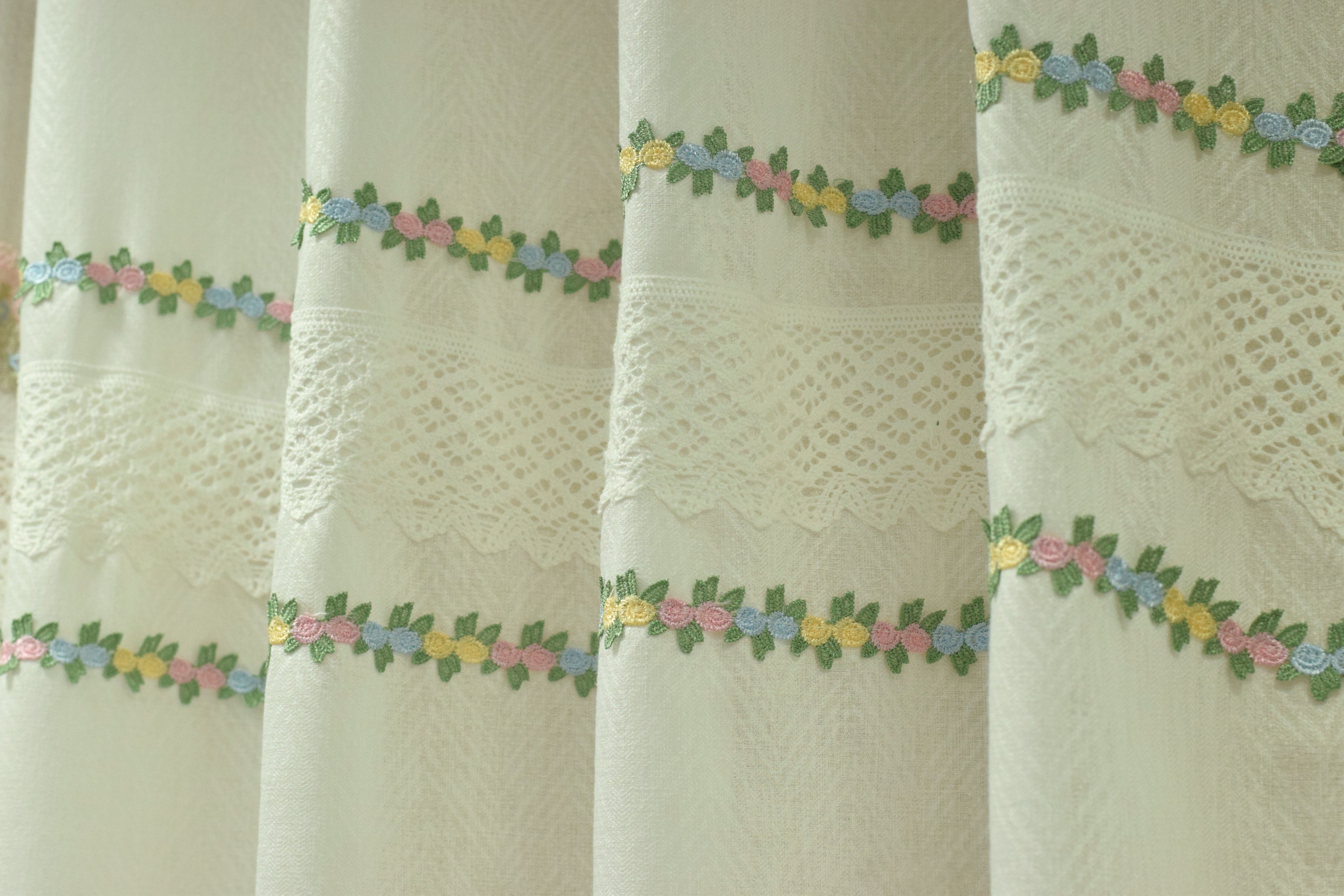 4x7 Semi Linen Door Curtain with Floral Embroidery & Lace Border – White