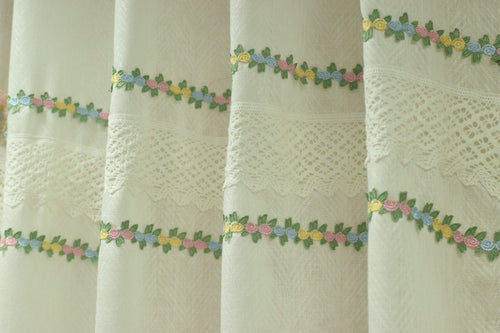 4x7 Semi Linen Door Curtain with Floral Embroidery & Lace Border – White