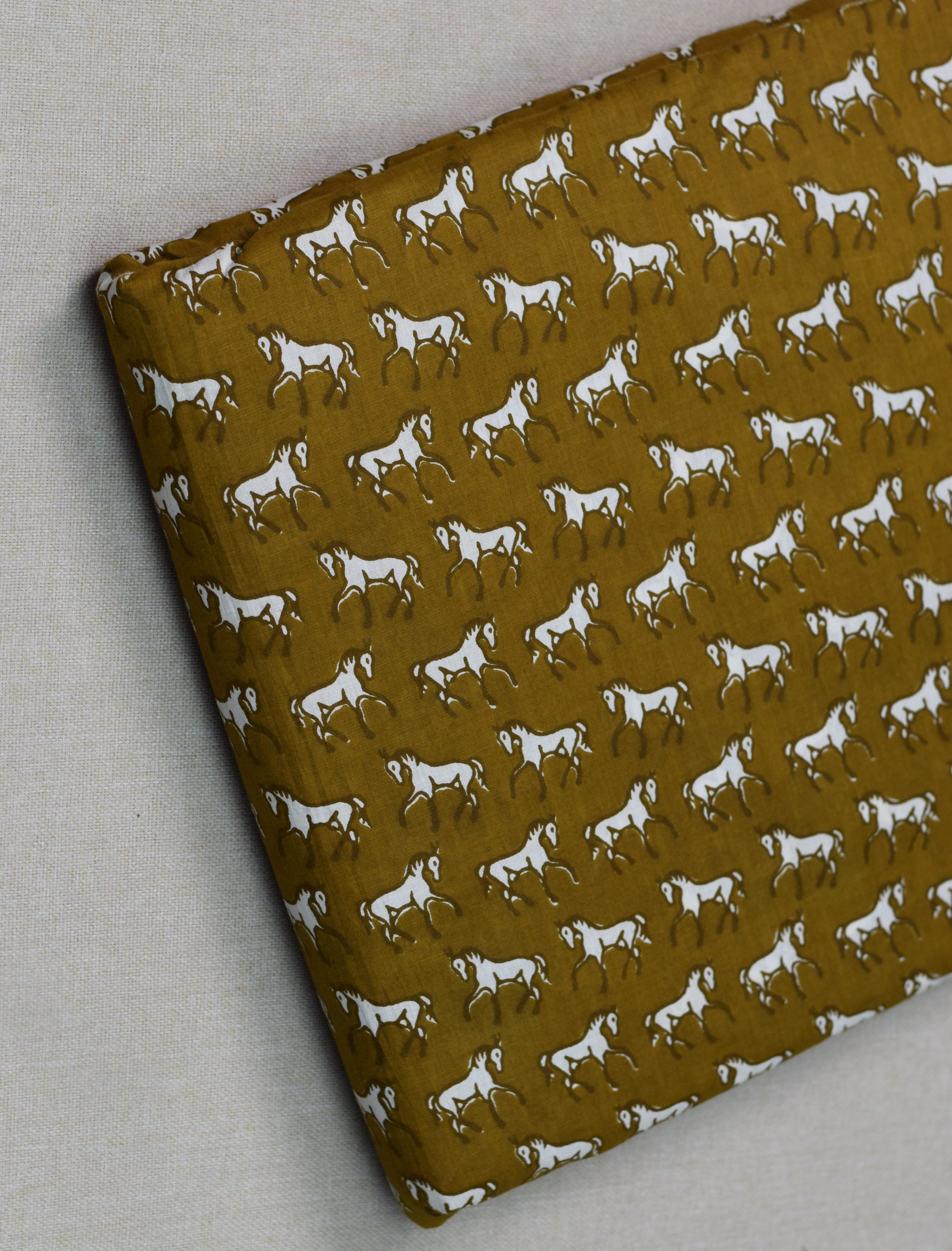 Mustard Yellow Horse Print Soft Cotton Top Material – 44" Width | 2.50 Meter Fabric