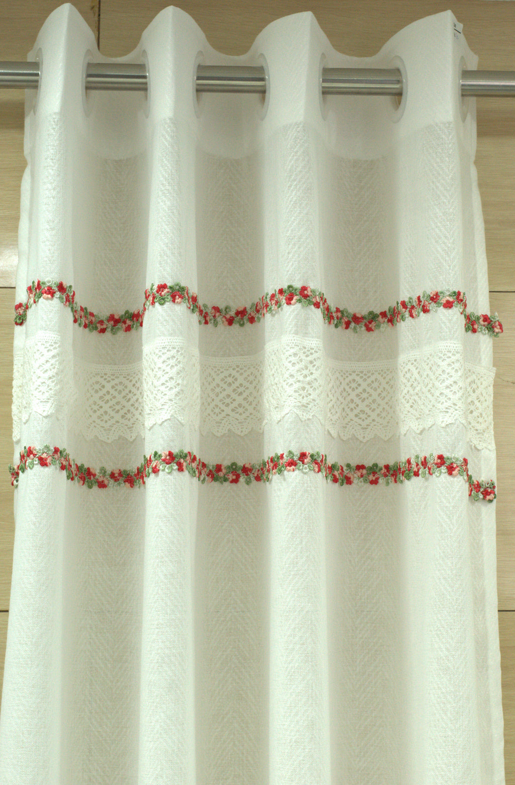 4x7 Semi Linen Door Curtain with Floral Embroidery & Lace Border – White