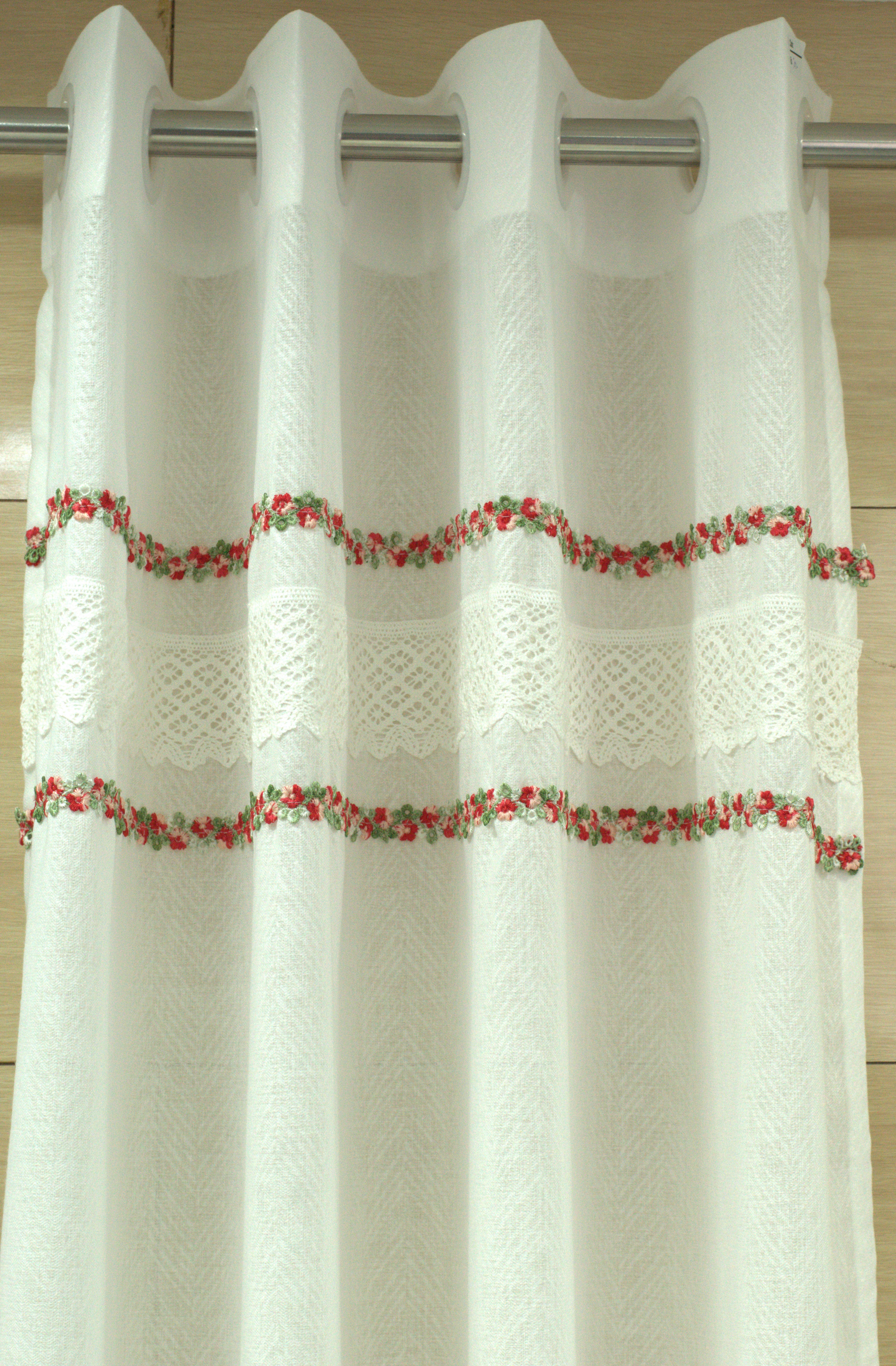 4x7 Semi Linen Door Curtain with Floral Embroidery & Lace Border – White
