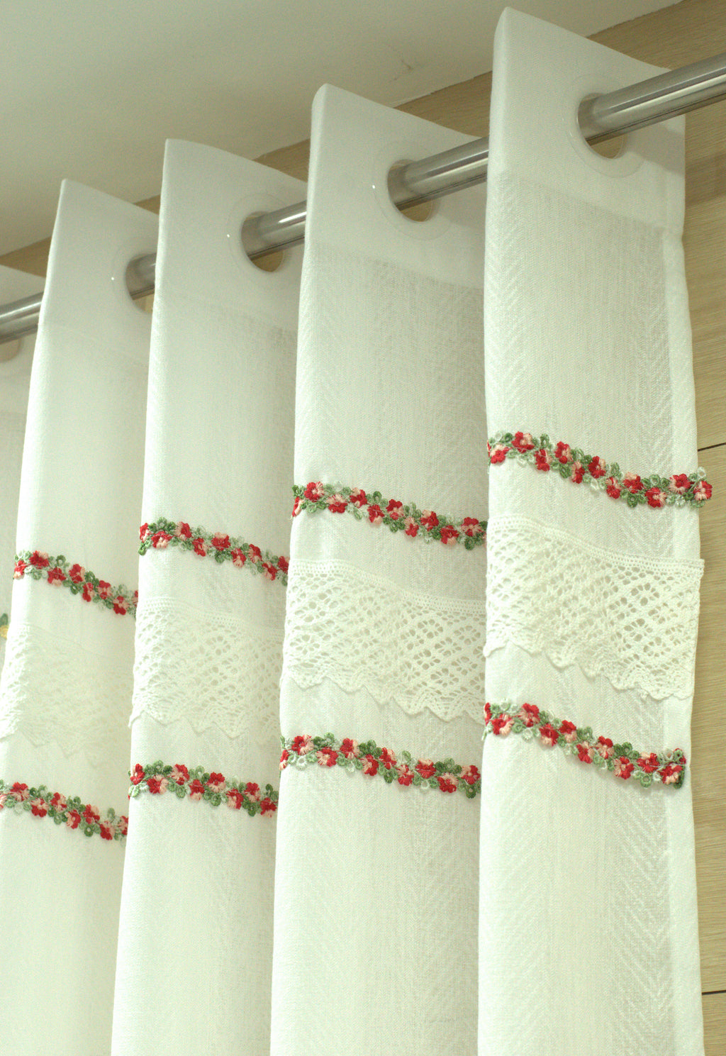 4x7 Semi Linen Door Curtain with Floral Embroidery & Lace Border – White
