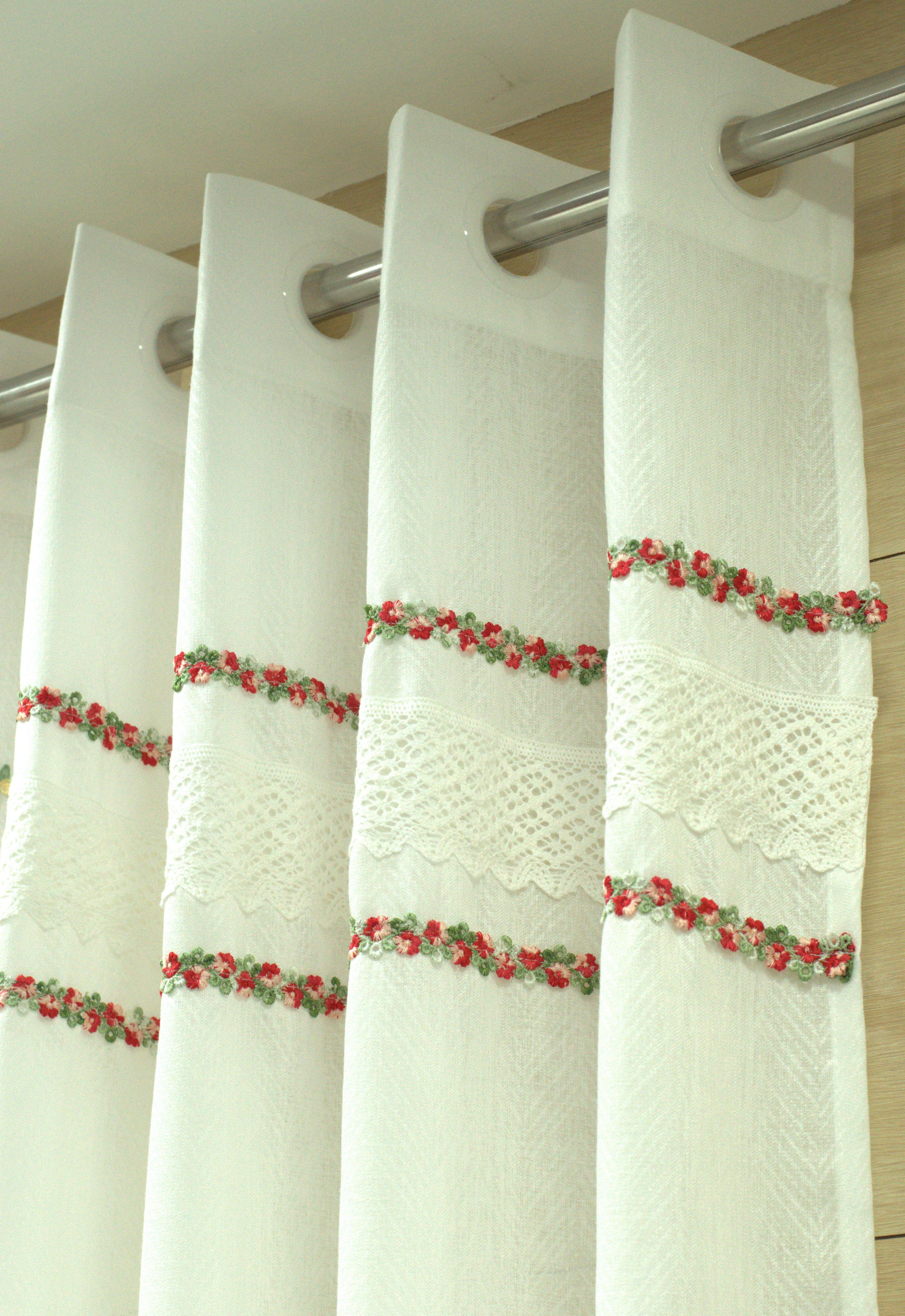 4x7 Semi Linen Door Curtain with Floral Embroidery & Lace Border – White