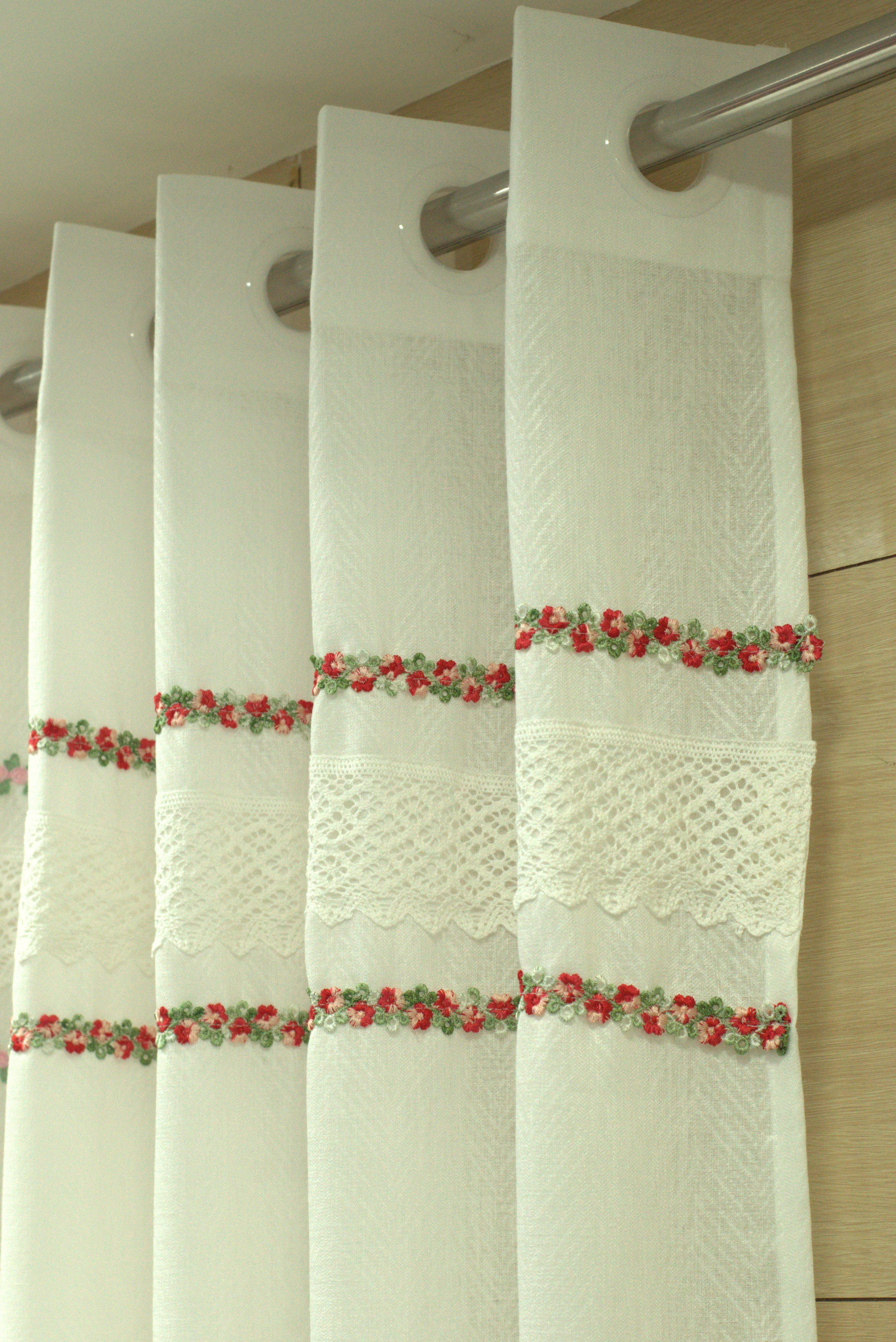 4x7 Semi Linen Door Curtain with Floral Embroidery & Lace Border – White