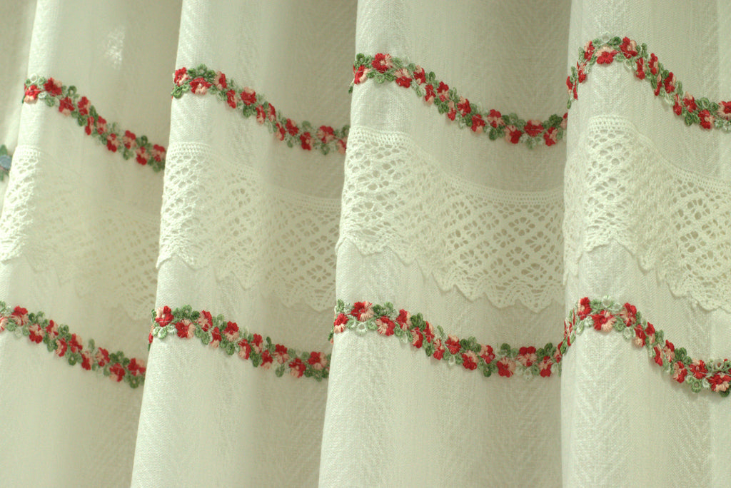 4x7 Semi Linen Door Curtain with Floral Embroidery & Lace Border – White