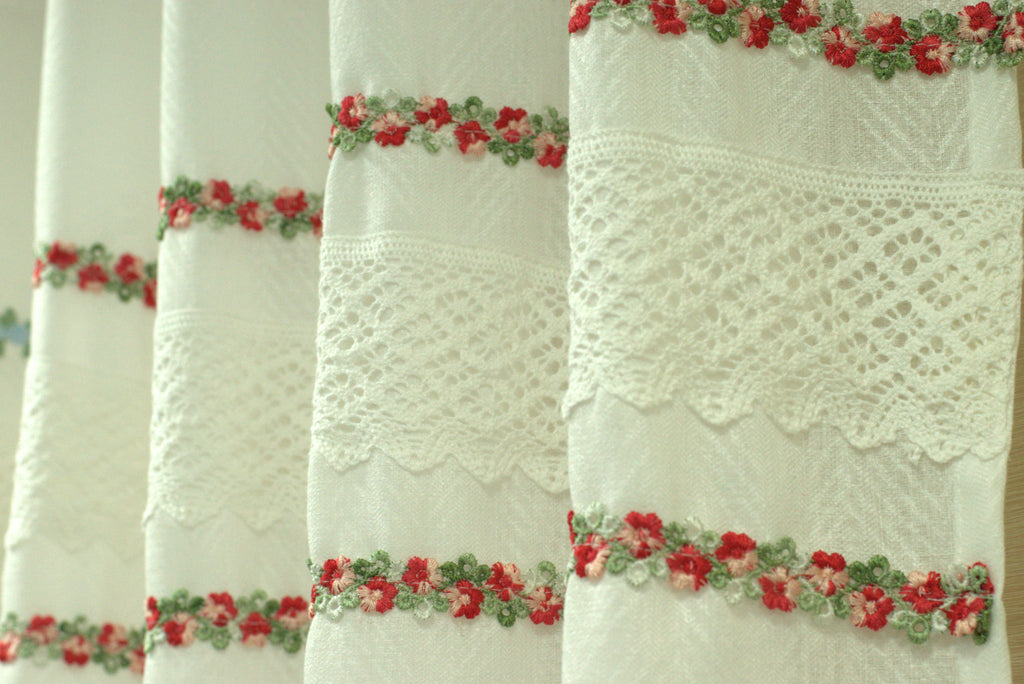 4x7 Semi Linen Door Curtain with Floral Embroidery & Lace Border – White