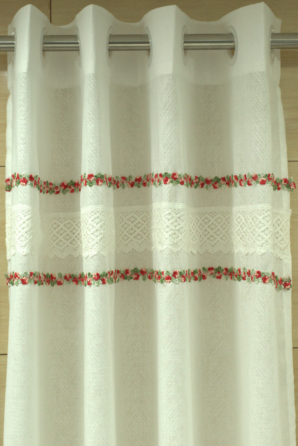 4x7 Semi Linen Door Curtain with Floral Embroidery & Lace Border – White