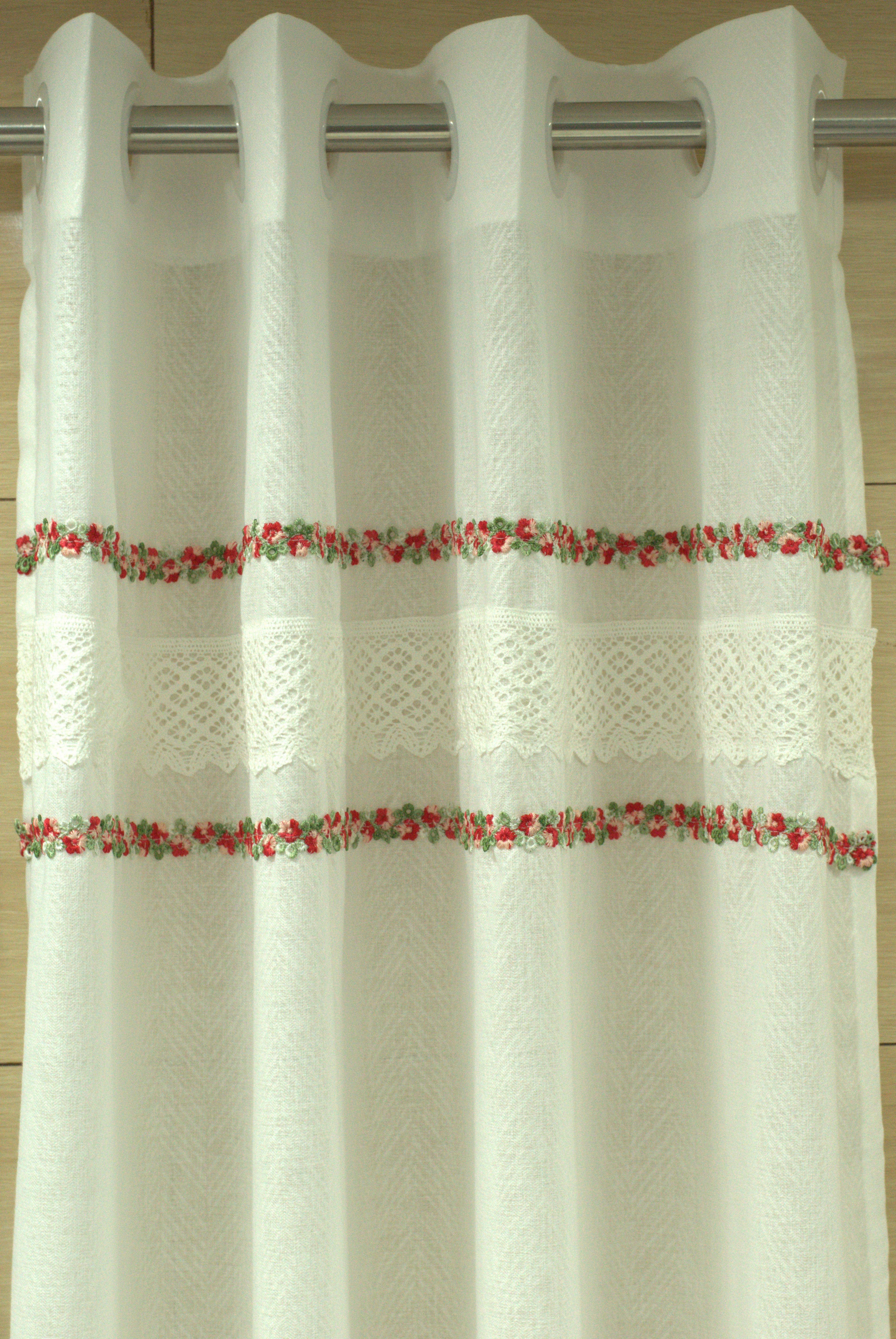4x7 Semi Linen Door Curtain with Floral Embroidery & Lace Border – White