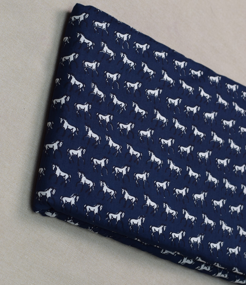 Navy Blue Horse Print Soft Cotton Top Material – 44" Width | 2.5 Meter Fabric
