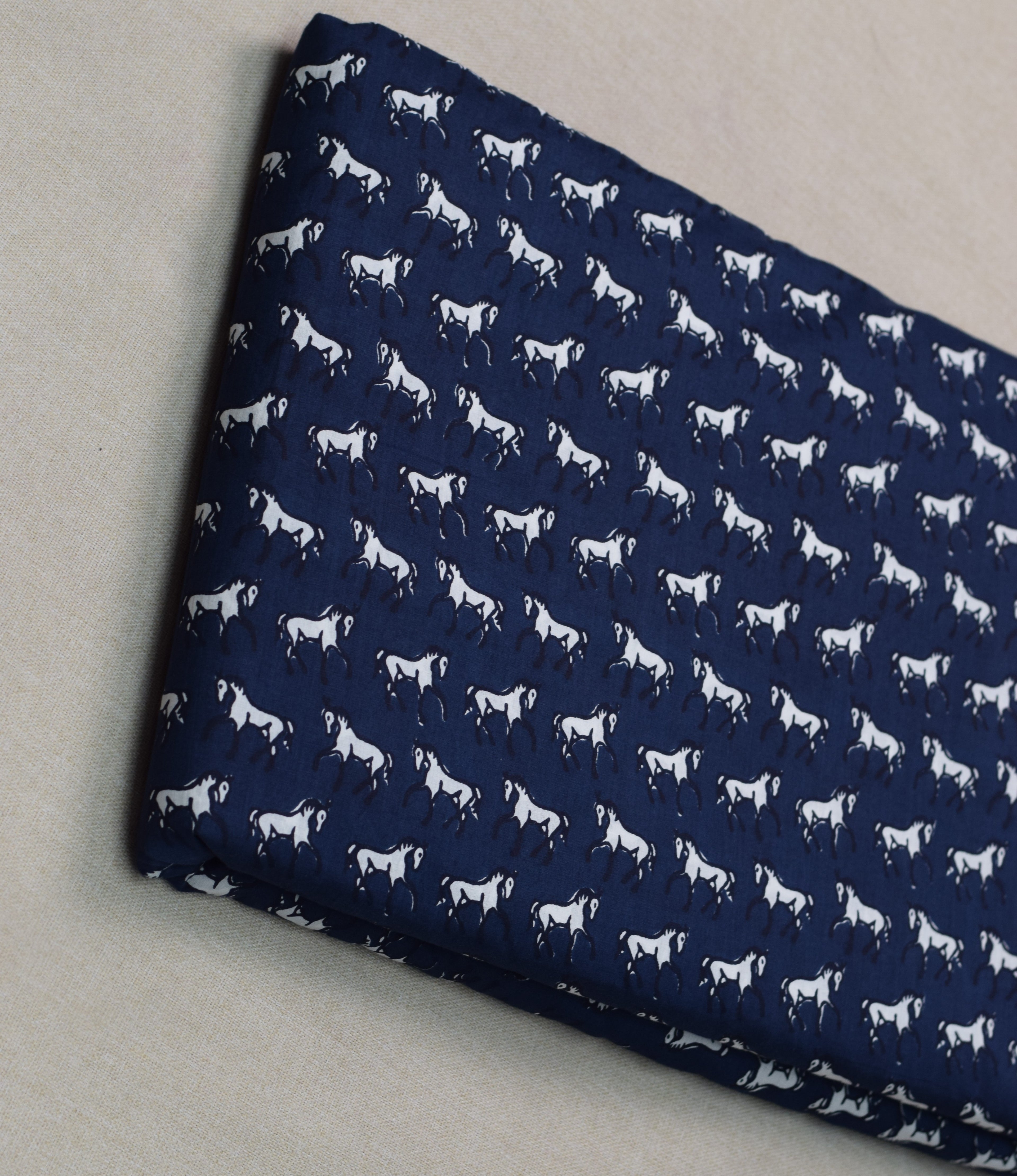 Navy Blue Horse Print Soft Cotton Top Material – 44" Width | 2.5 Meter Fabric