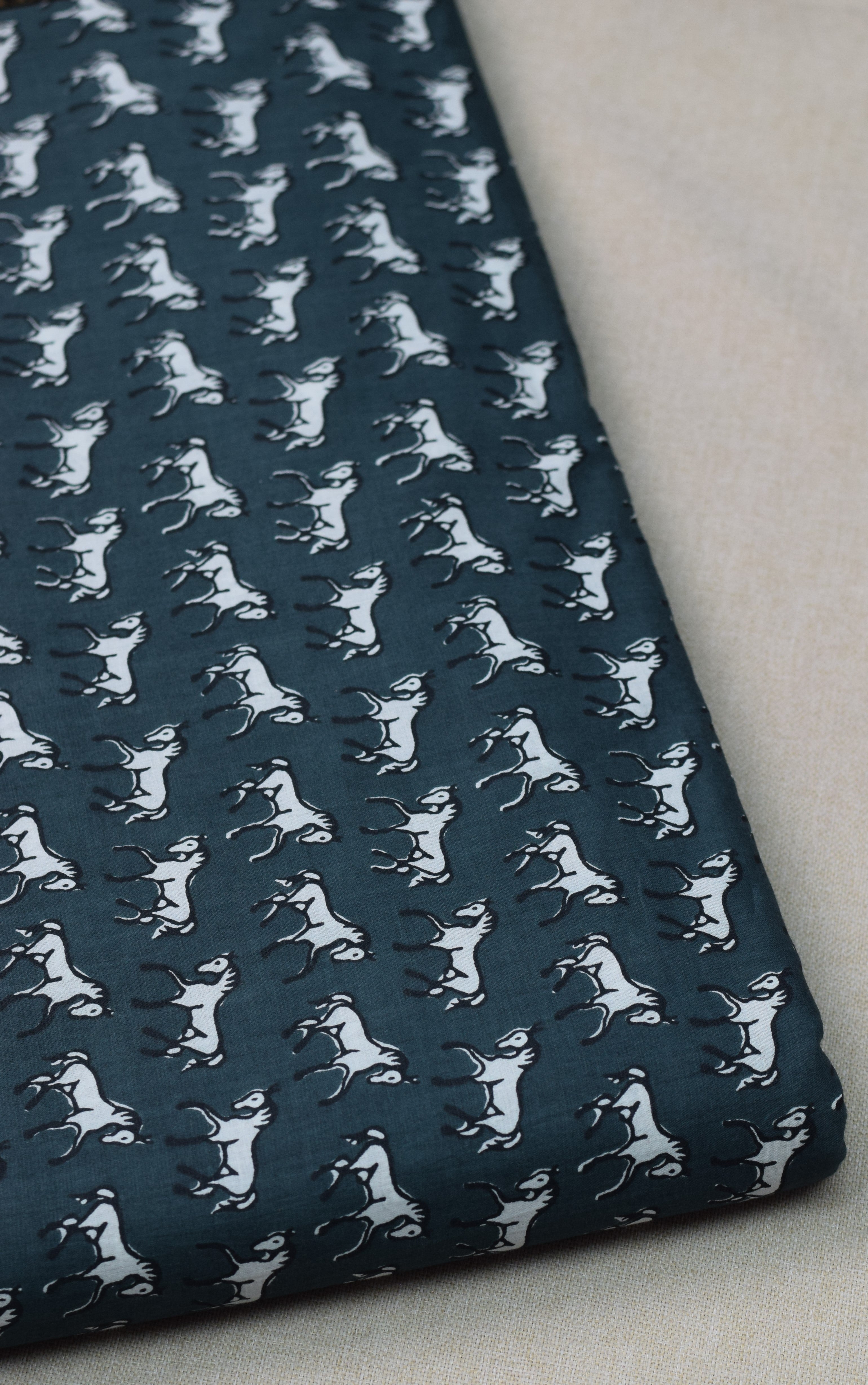 Blue Horse Print Soft Cotton Top Material – 2.50 Meters | 44" Width